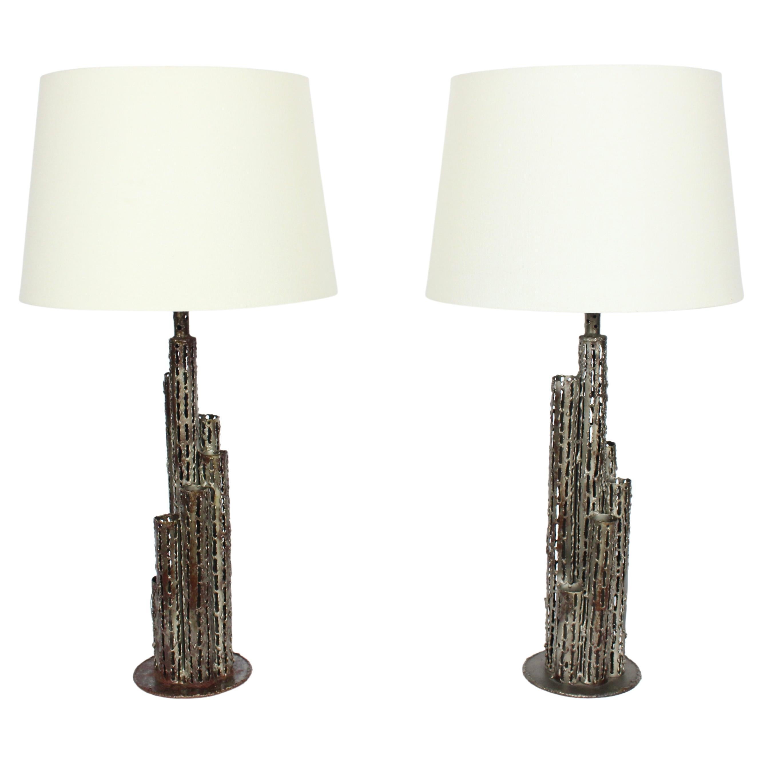 Pair of Marcello Fantoni Torch Cut Iron Brutalist "Skyscraper" Table Lamps For Sale