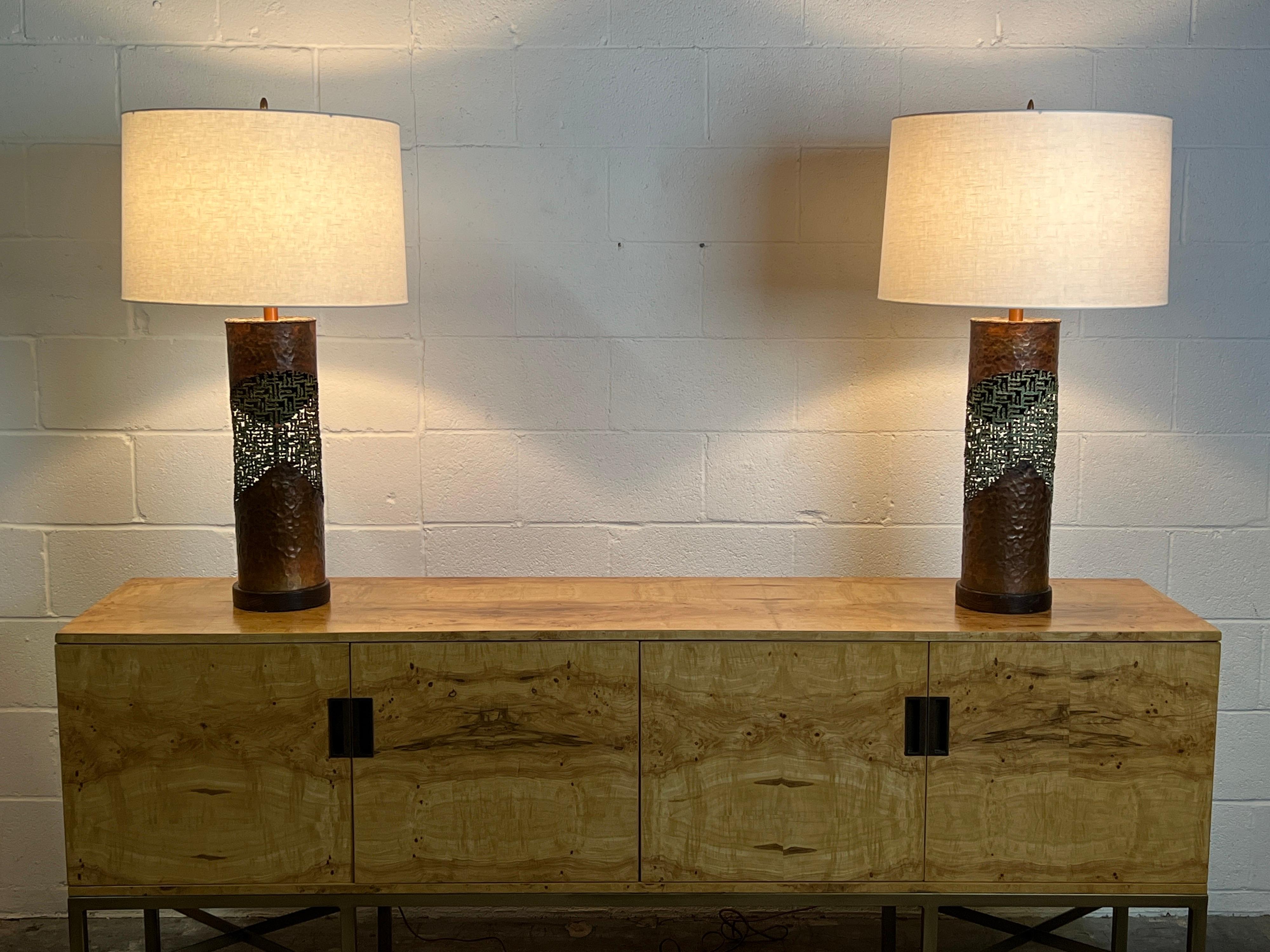 A large pair of copper table lamps by Marcello Fantoni.