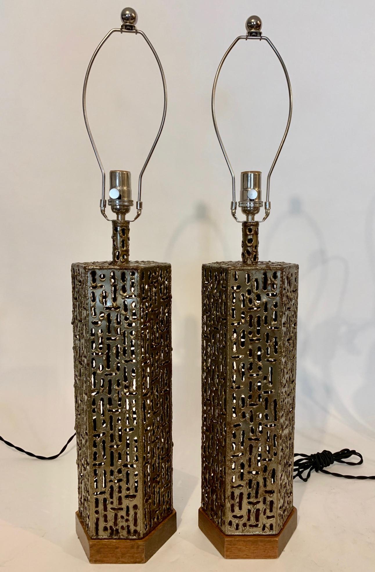 Tall pair of Marcello Fantoni Welded Bronzed Brass Table Lamps, 1960's. Featuring hexagonal forms in pierced, torch cut Bronzed Brass sheets on Walnut bases. 31H to top of Harp. 23H to top of socket. Lamp base 17H.  Shown with 11