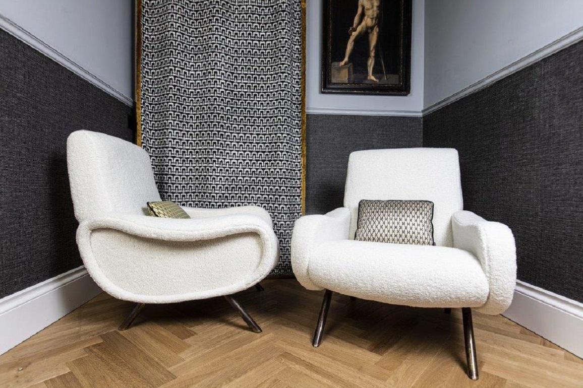 Mid-Century Modern Paire de fauteuils Marco Zanuso modèle Lady en tissu de laine épais blanc en vente