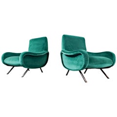 Pair of Mid-Century Modern "Lady" Armchairs by Marco Zanuso, Green Velvet 1950s 