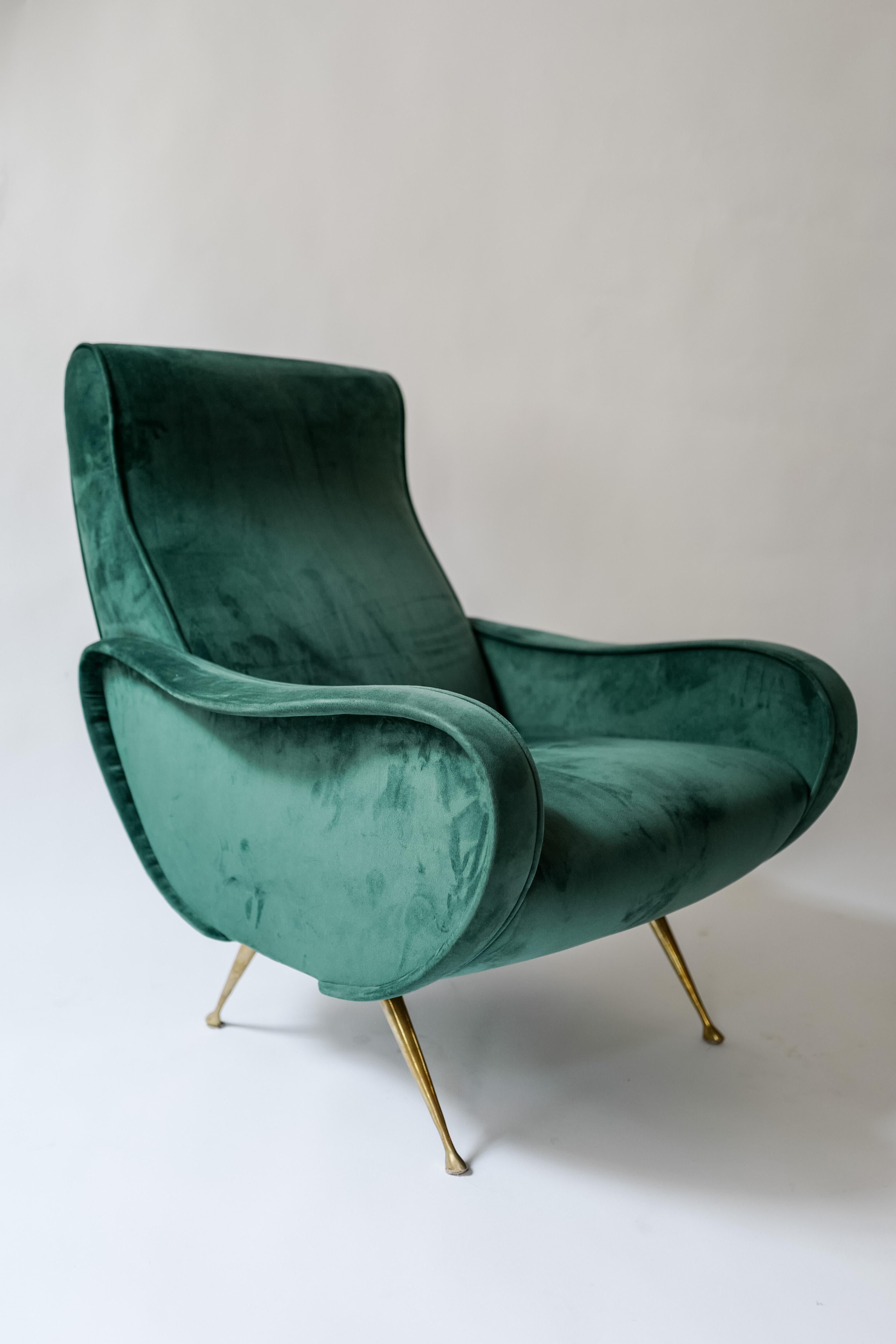 Mid-Century Modern Pair of Marco Zanuso Lady Chairs in Green Velvet For Sale