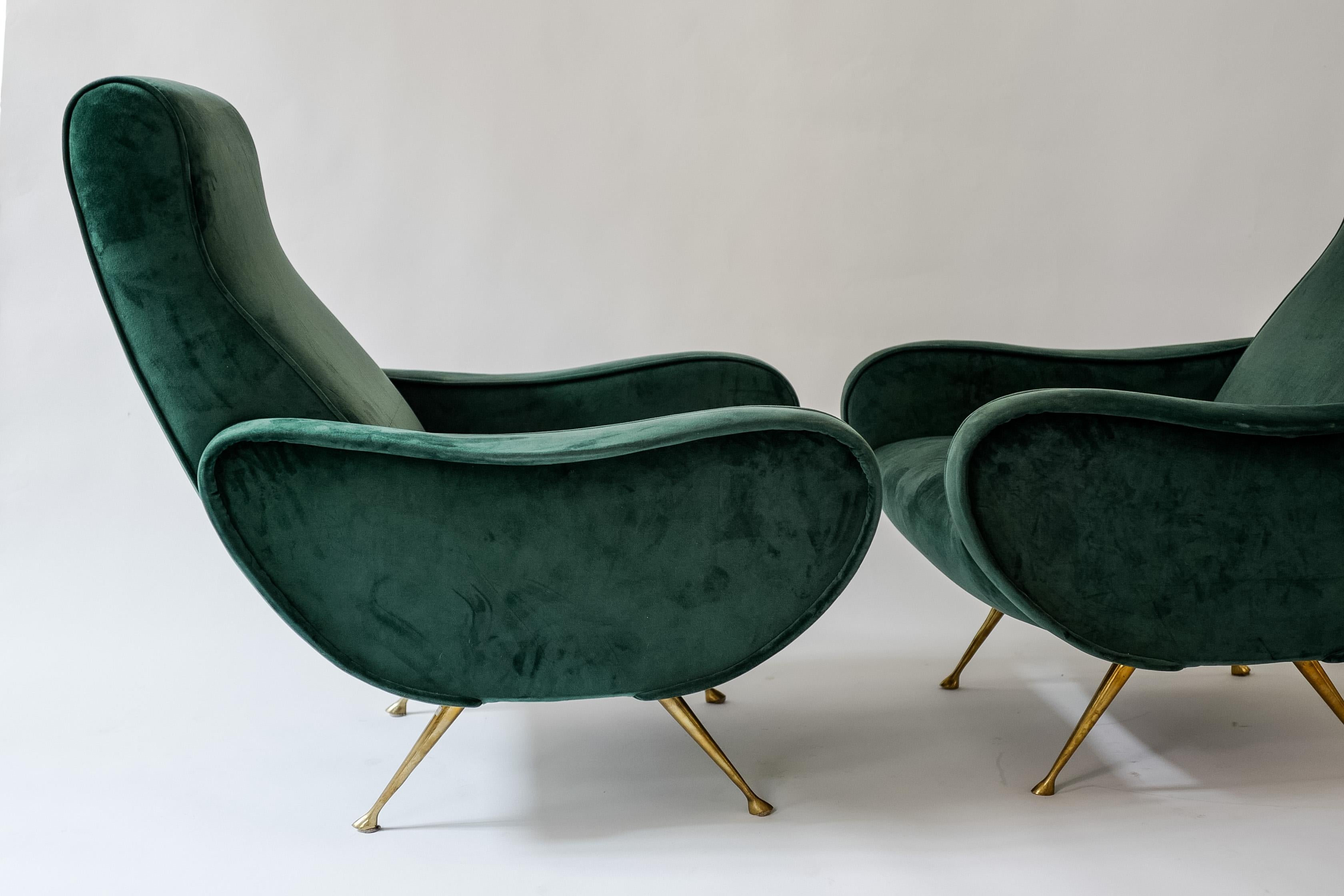 Italian Pair of Marco Zanuso Lady Chairs in Green Velvet For Sale
