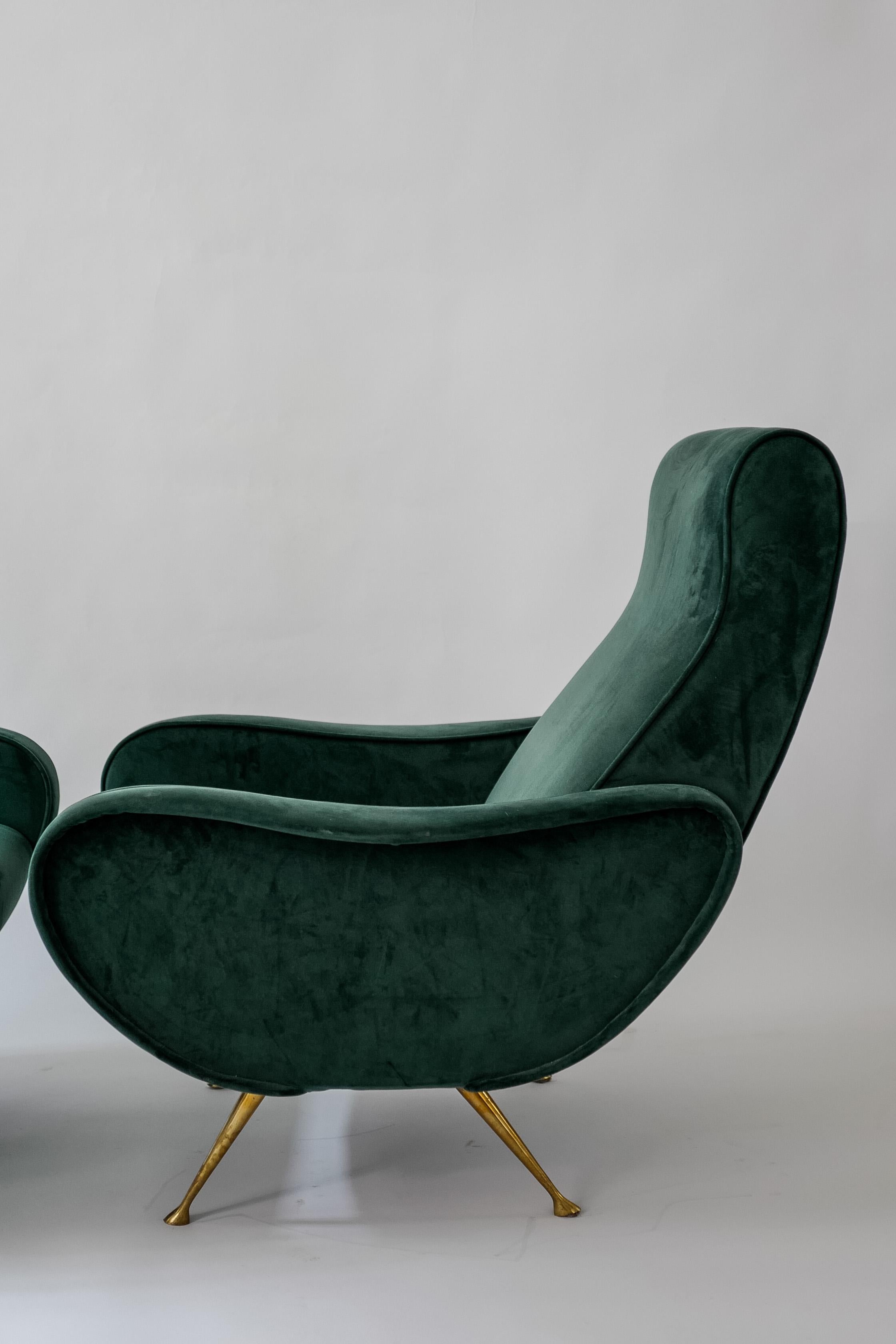 Pair of Marco Zanuso Lady Chairs in Green Velvet In Good Condition For Sale In Milano, IT