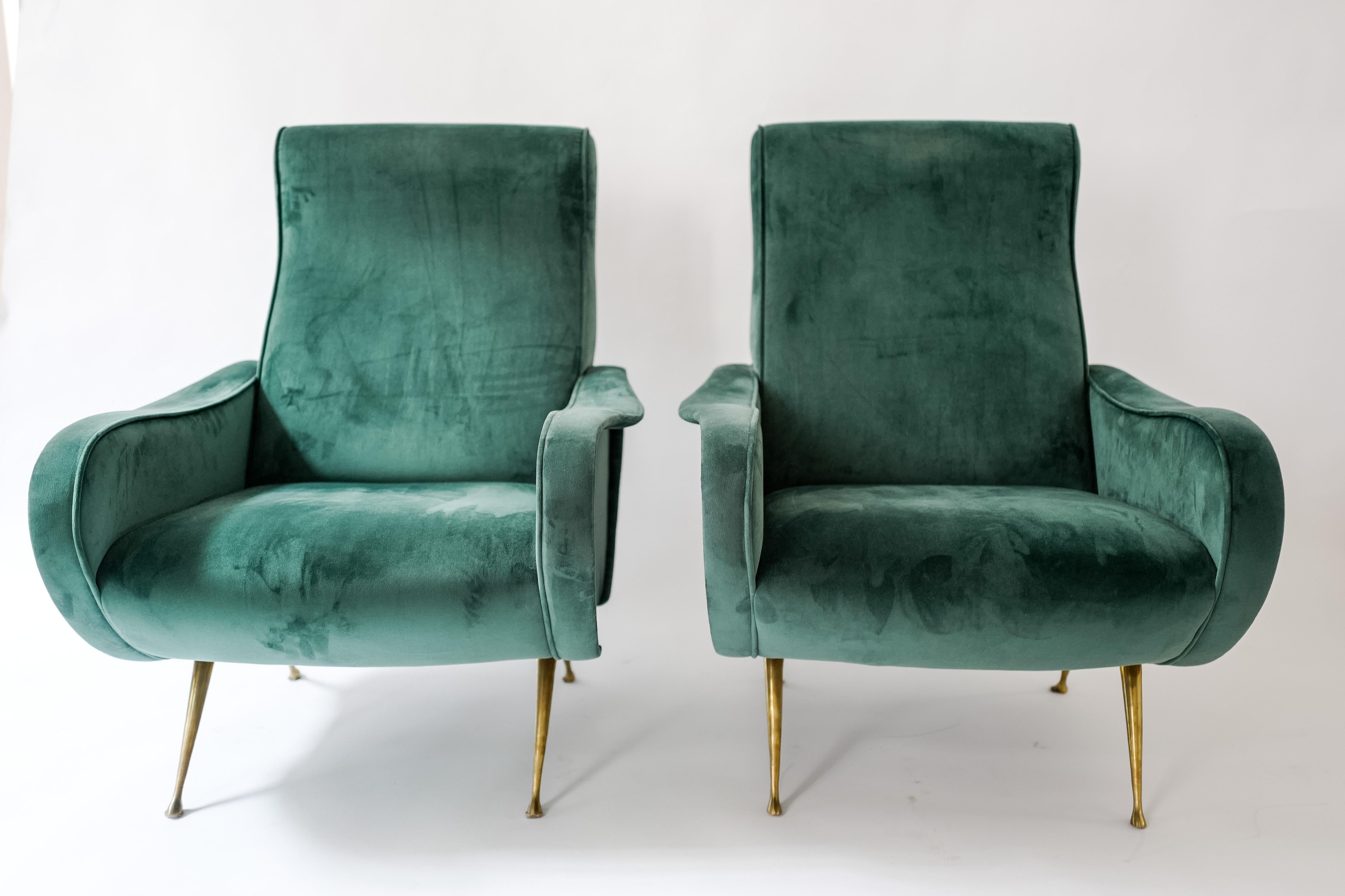 Pair of Marco Zanuso Lady Chairs in Green Velvet For Sale 2
