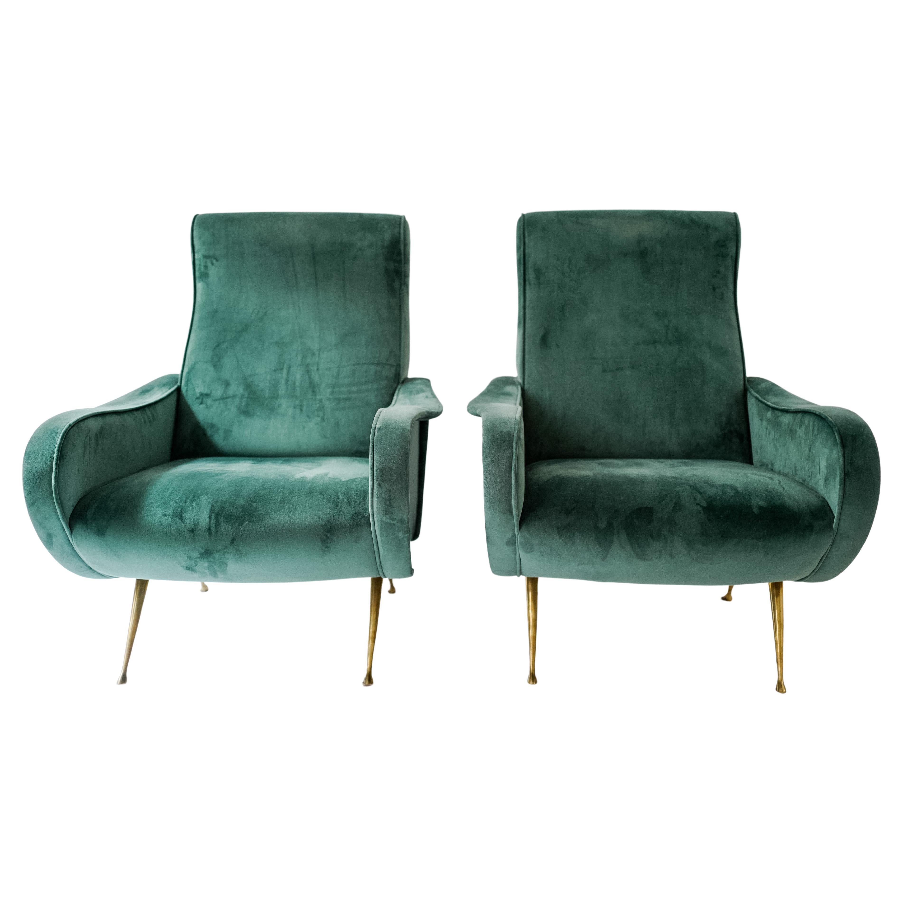 Pair of Marco Zanuso Lady Chairs in Green Velvet For Sale