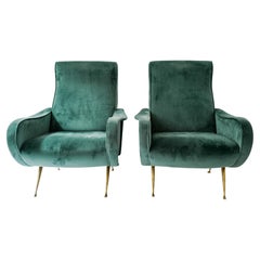 Pair of Marco Zanuso Lady Chairs in Green Velvet