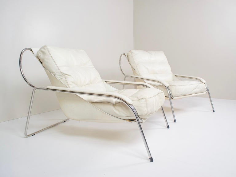 Italian Pair of Marco Zanuso Maggiolina White Leather Chairs by Zanotta, Italy, 1947