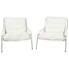 Used Pair of Marco Zanuso Maggiolina White Leather Chairs by Zanotta, Italy, 1947