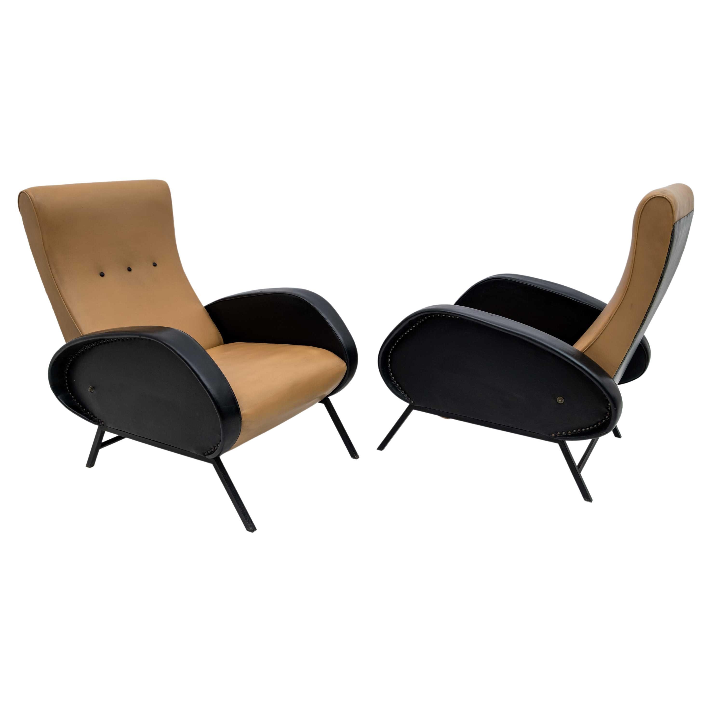 Pair of Marco Zanuso MidCentury Modern Italian Leather Reclining