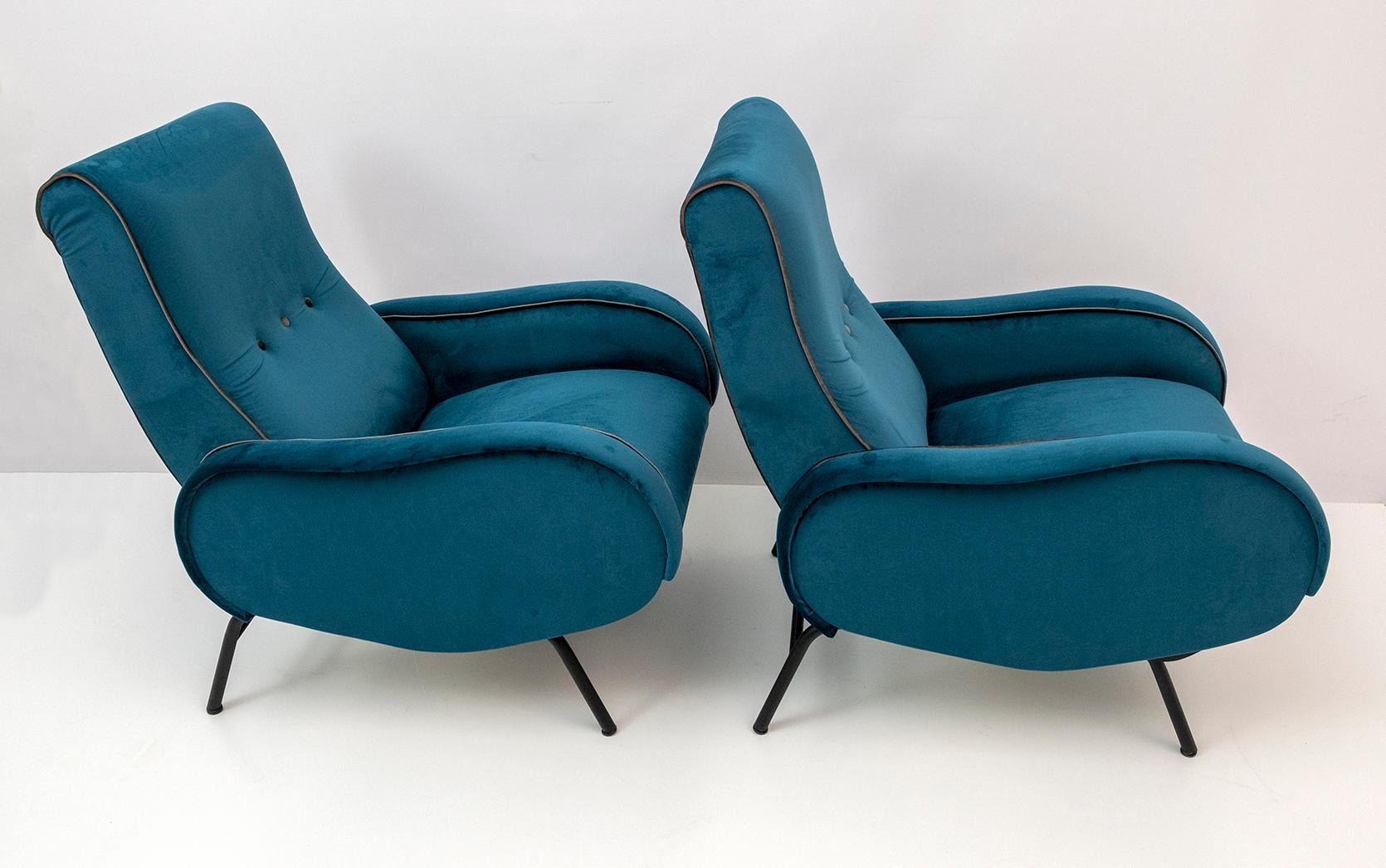 Pair of Marco Zanuso Mid-Century Modern Italian Velvet Reclining Armchairs, 50s In Good Condition For Sale In Puglia, Puglia