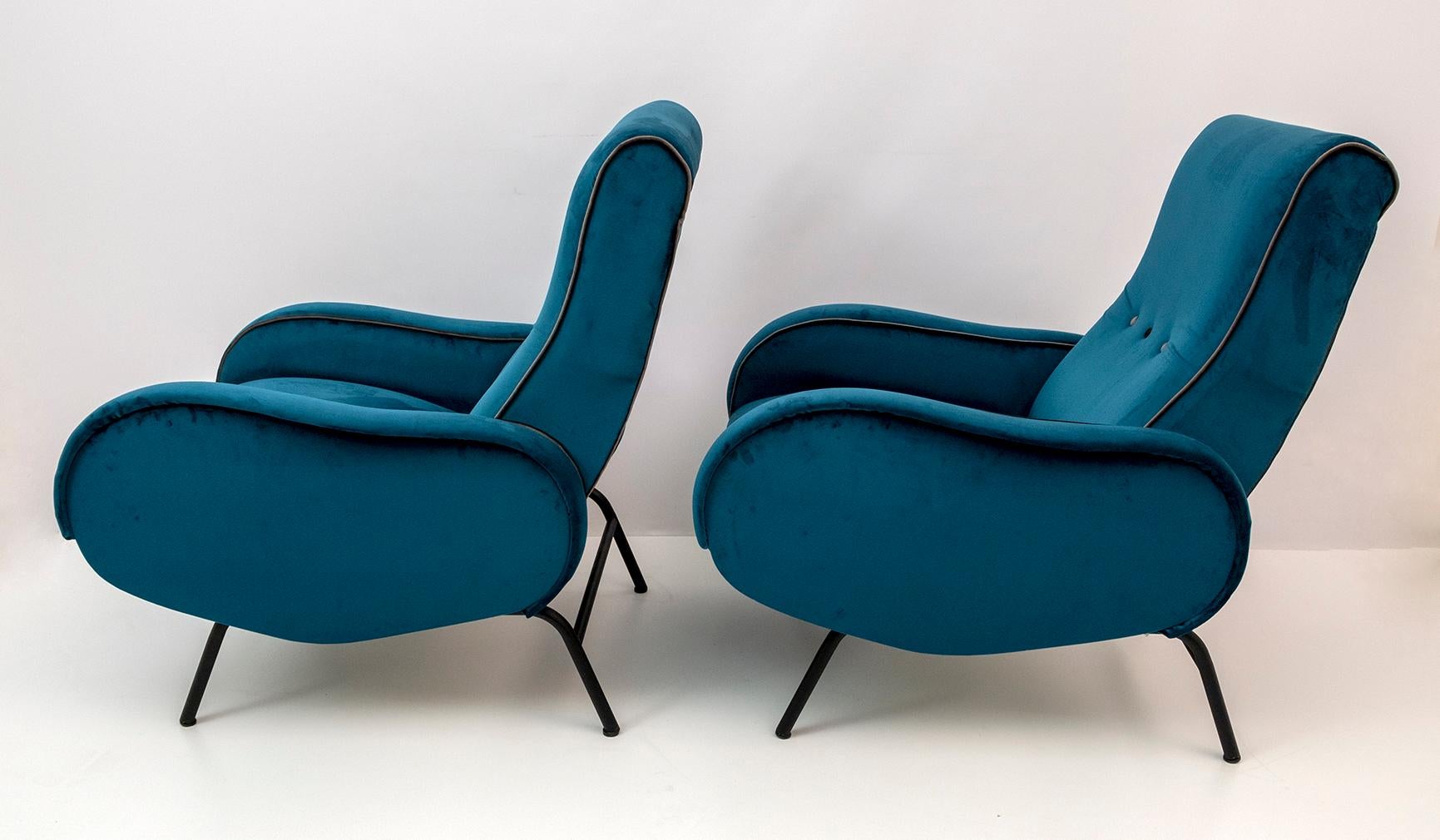 Mid-20th Century Pair of Marco Zanuso Mid-Century Modern Italian Velvet Reclining Armchairs, 50s For Sale