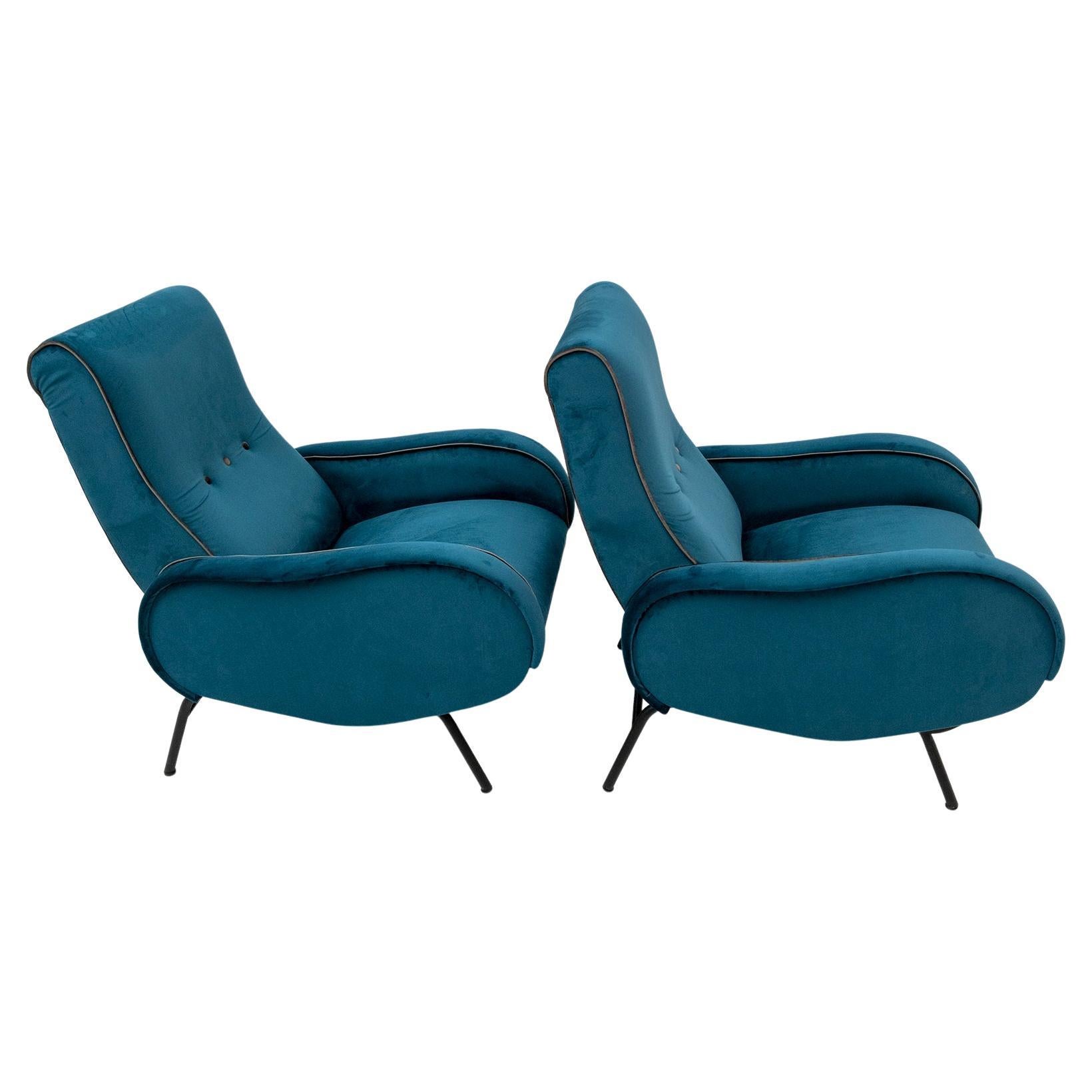 Pair of Marco Zanuso Mid-Century Modern Italian Velvet Reclining Armchairs, 50s