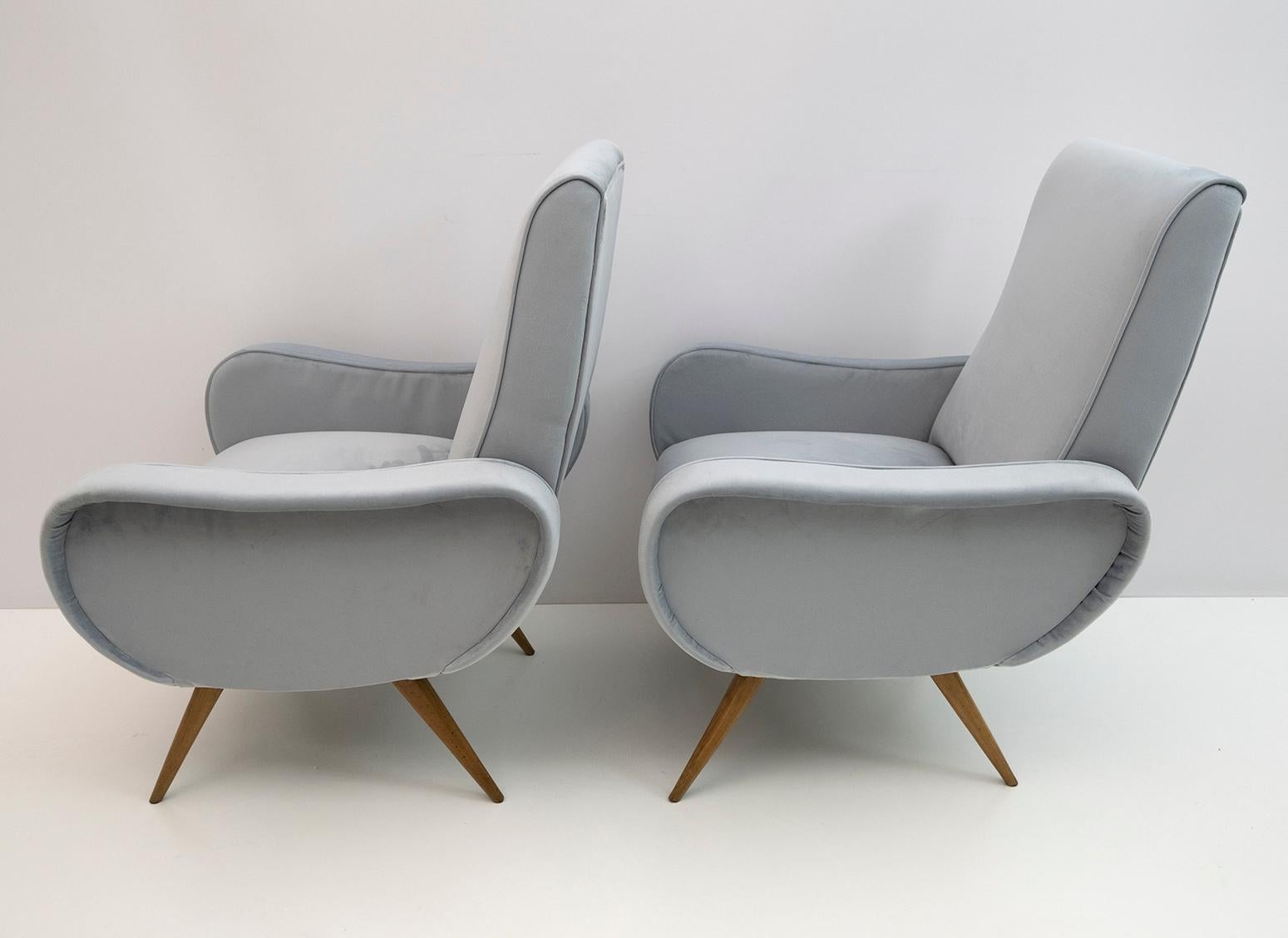 Italian Pair of Marco Zanuso Style Mid-Century Modern Velvet Armchairs, c. 1960