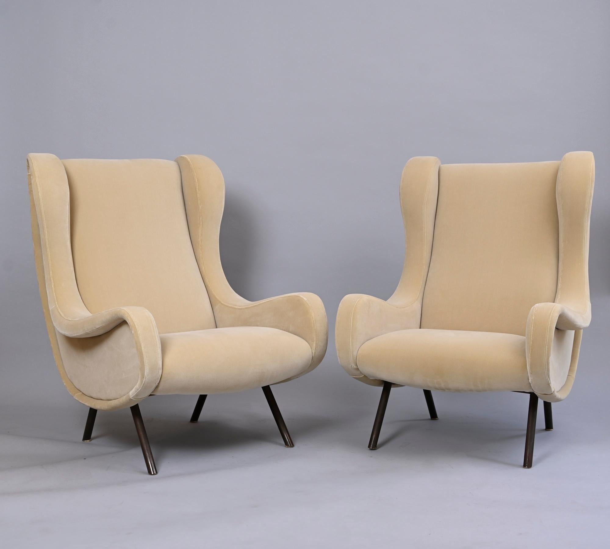 Original Marco Zanuso 'Senior' armchairs for Arflex. Italy c1950. 

Re upholstered in a soft 'greige' colour velvet. (Neutral beige / grey).

