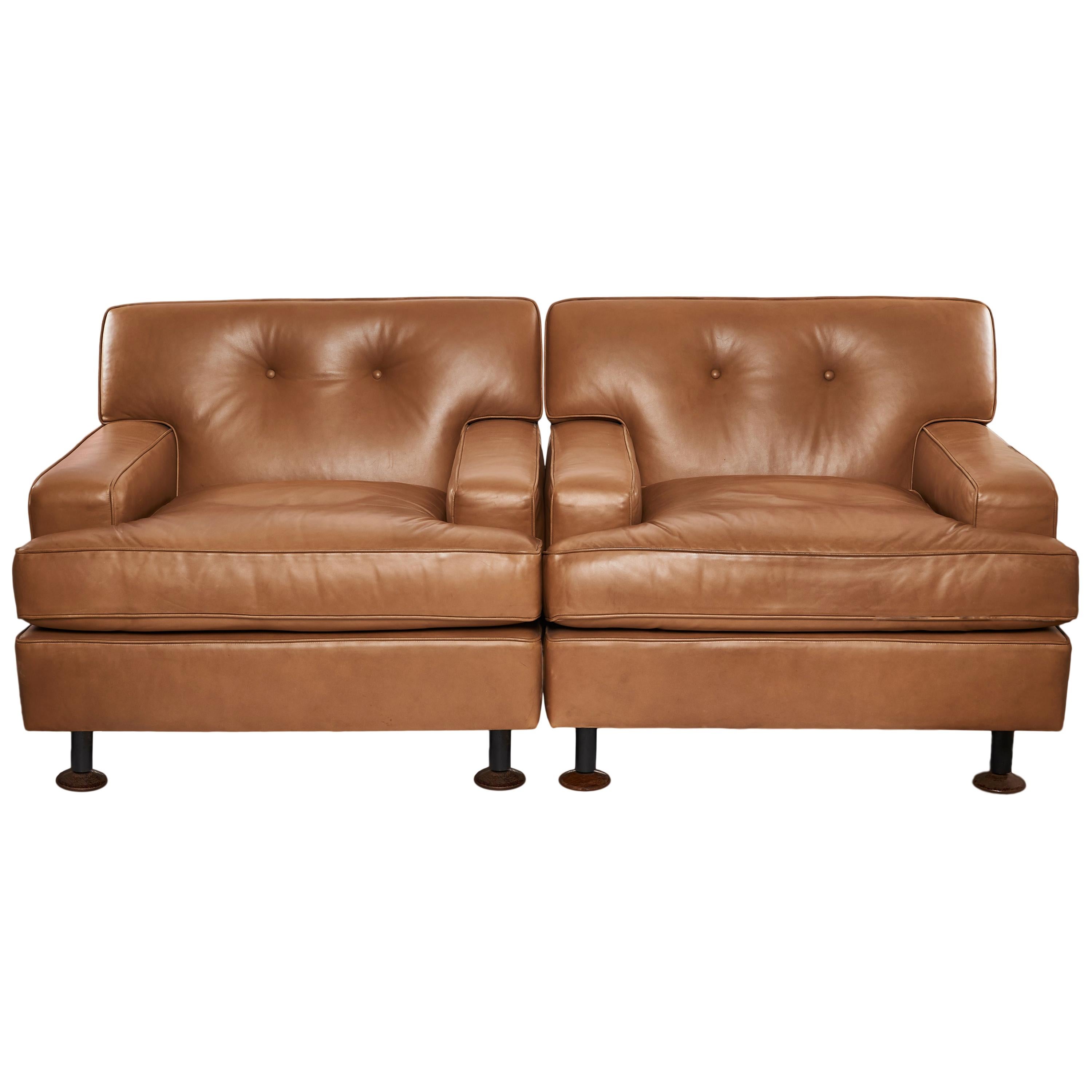 Pair Of Marco Zo Square Brown, Leather Lounge Sofa Pair