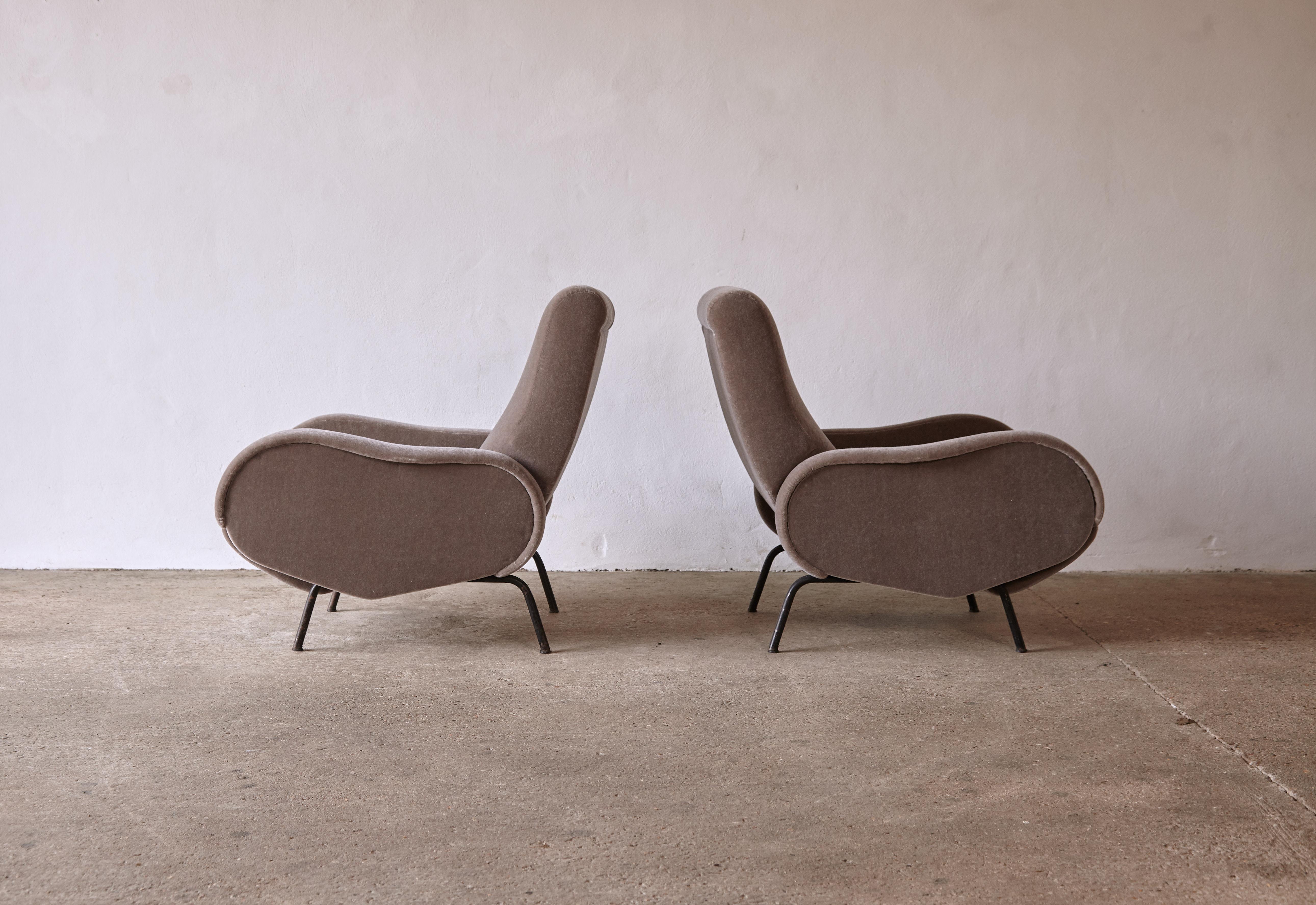 Fabric Pair of Marco Zanuso Style Reclining Lady Chairs in 100% Mohair, Italy, 1960s