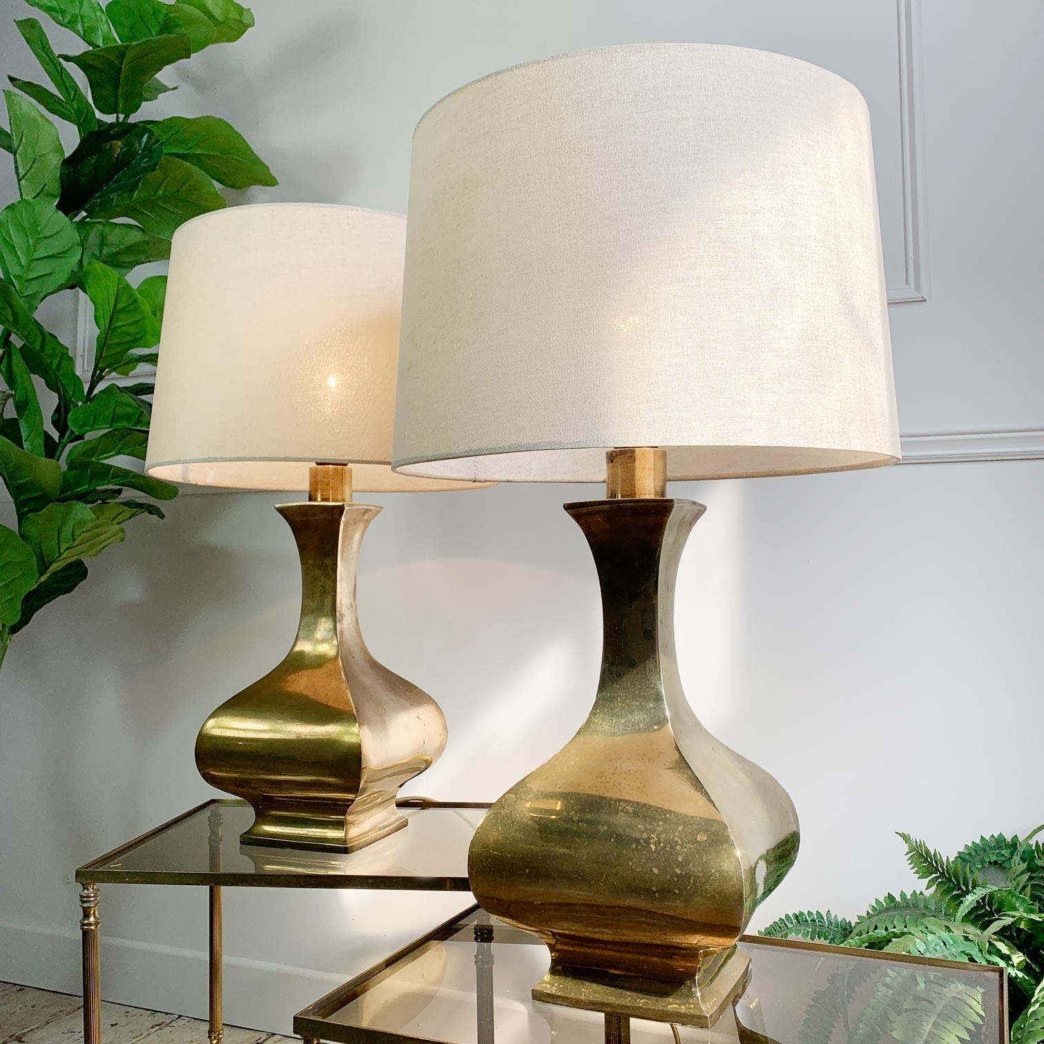 A very rare pair of 1970’s brass plated stainless steel Table lamps, designed by Maria Pergay. 

Born in 1930 in Moldova, Romania to Russian-Jewish parents, Pergay and her mother fled to France at the beginning of World War II. After the war,