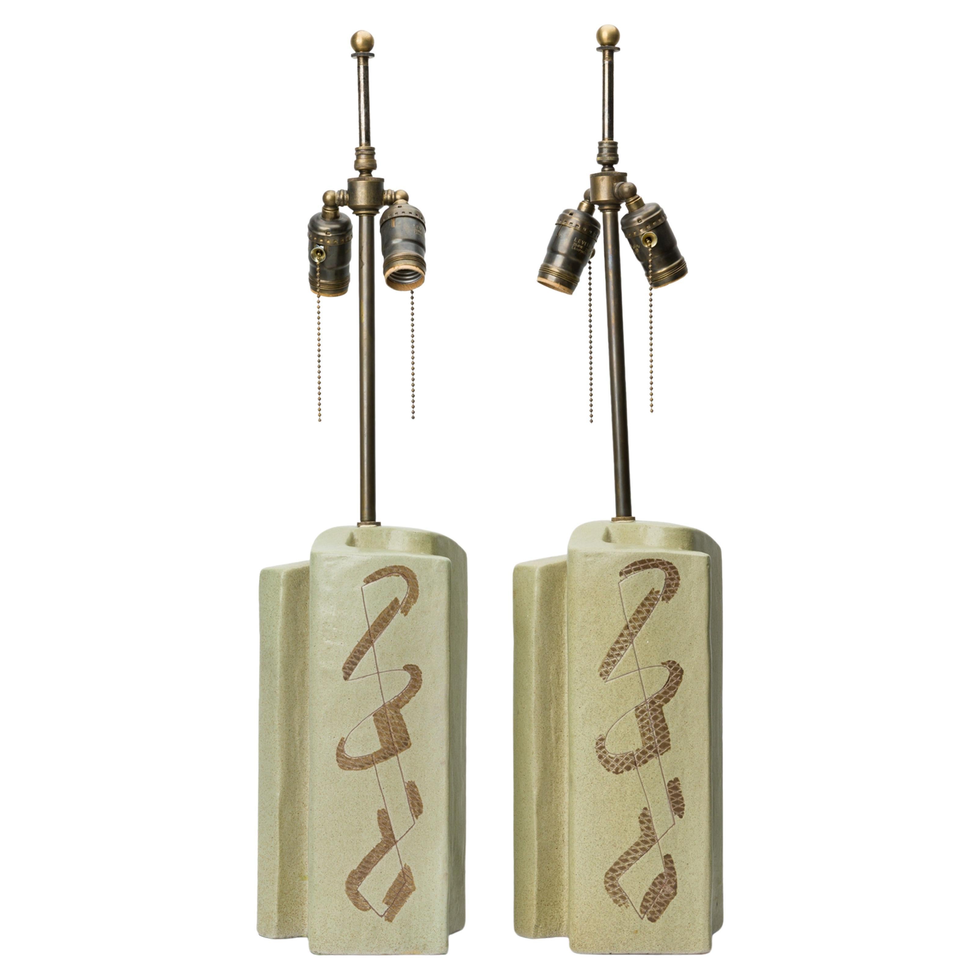 Pair of Marianna von Allesch Beige Hand-Painted Abstract Ceramic Table Lamps For Sale