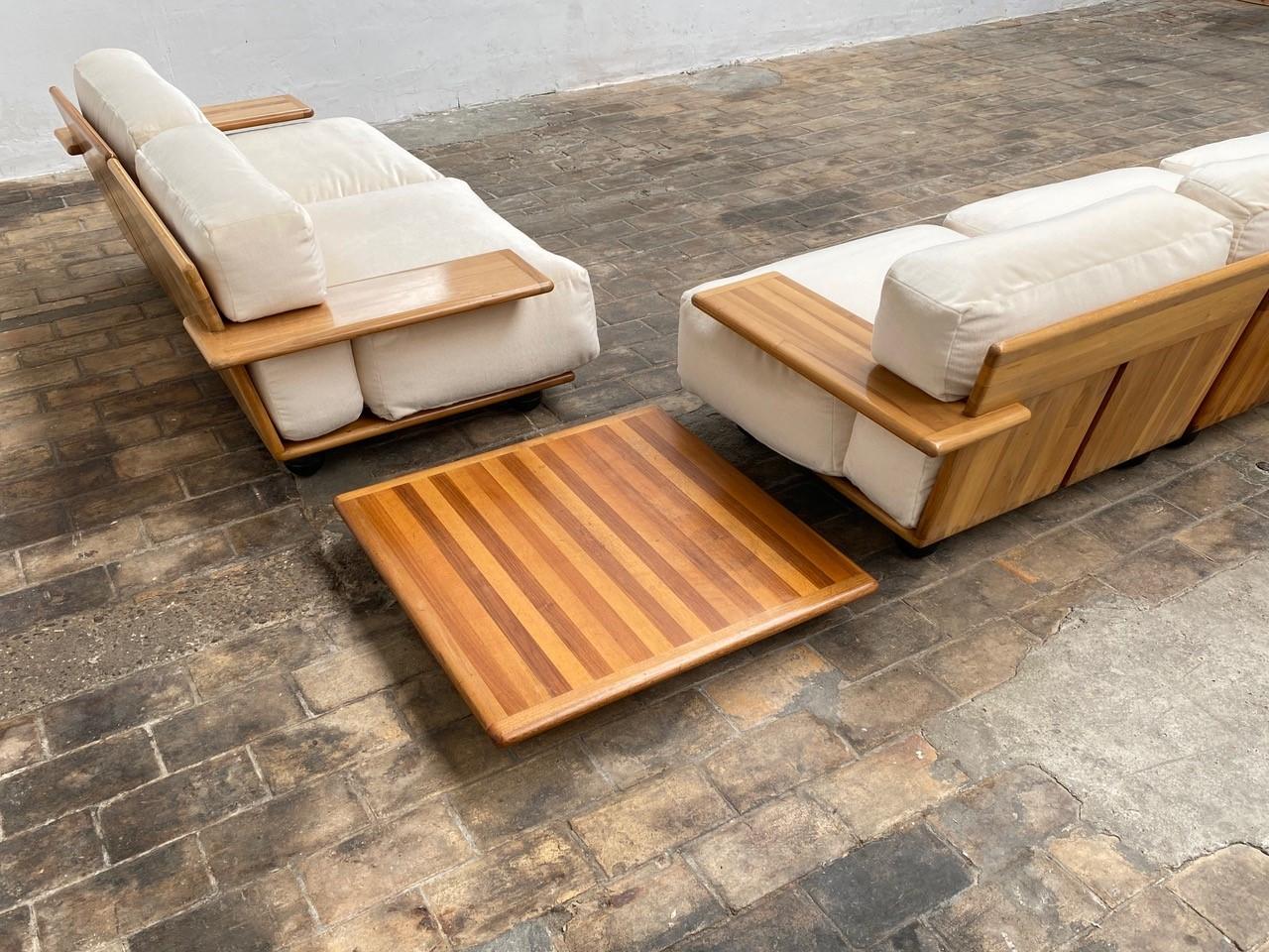 Steel Pair of Mario Bellini 3 Seat 'Pianura' Sofas & Table, Mohair & Solid Walnut 1971