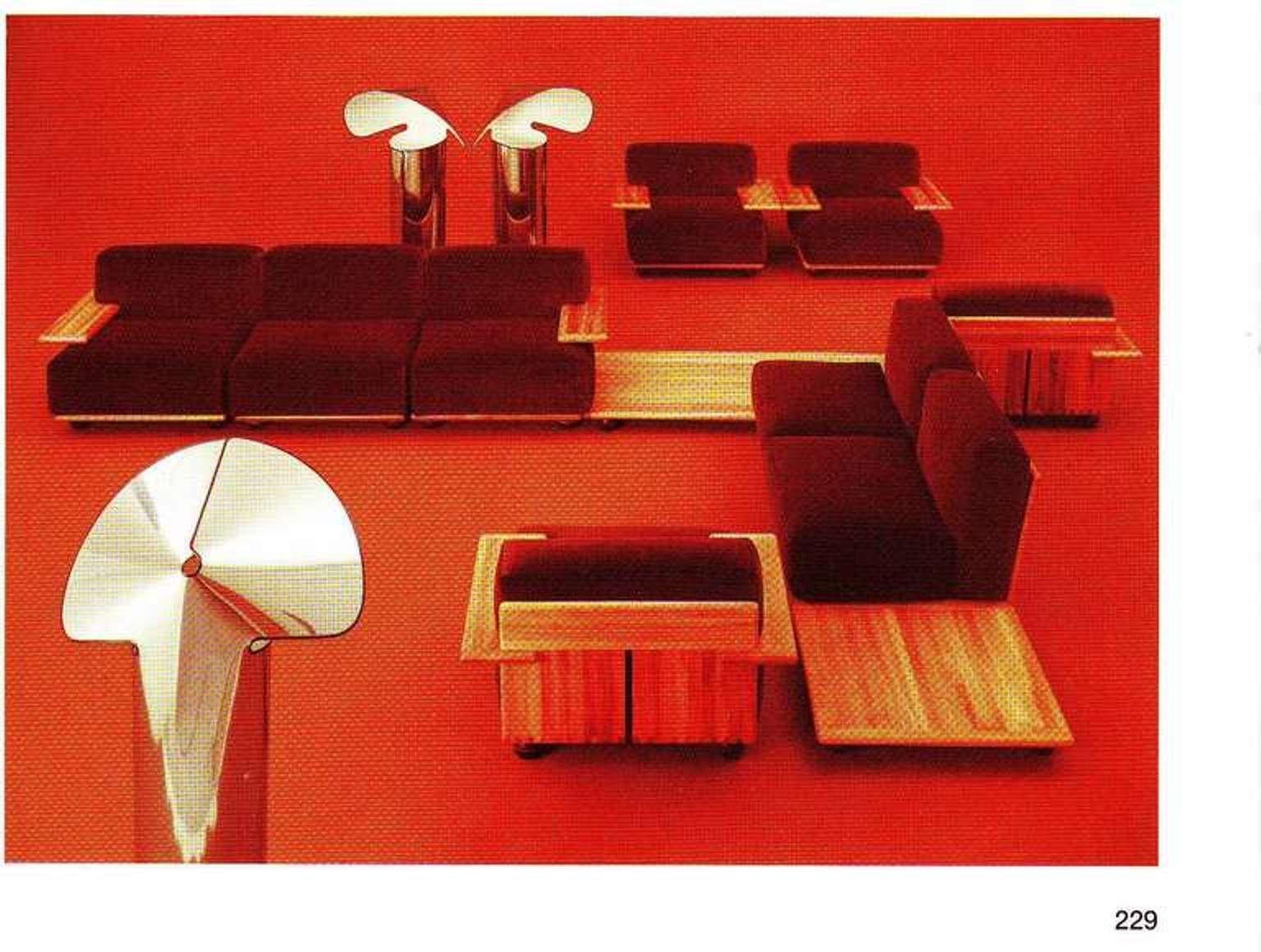 Italian Pair of Mario Bellini 3 Seat 'Pianura' Sofas & Table, Mohair & Solid Walnut 1971