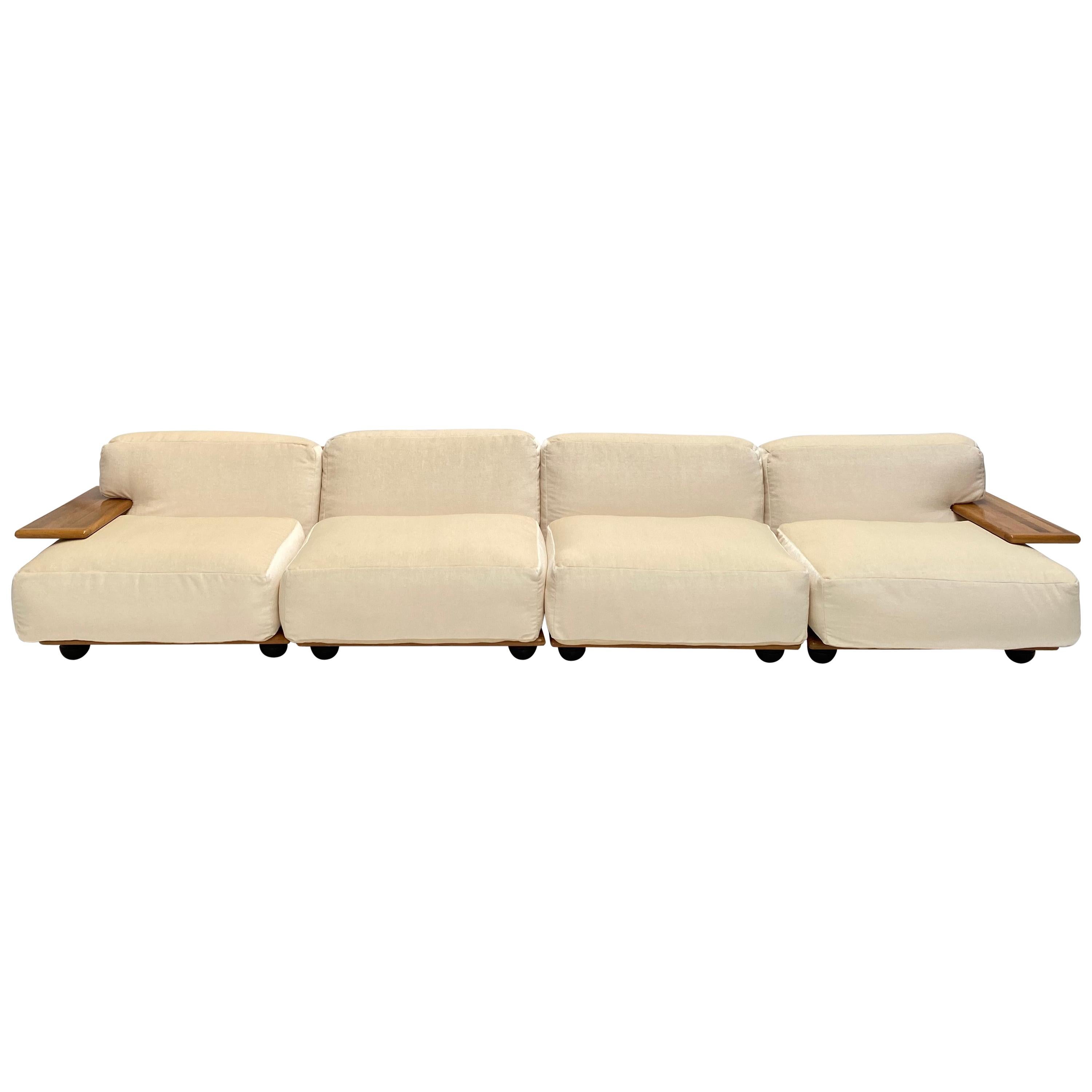 Hand-Crafted Pair of Mario Bellini 3 Seat 'Pianura' Sofas & Table, Mohair & Solid Walnut 1971