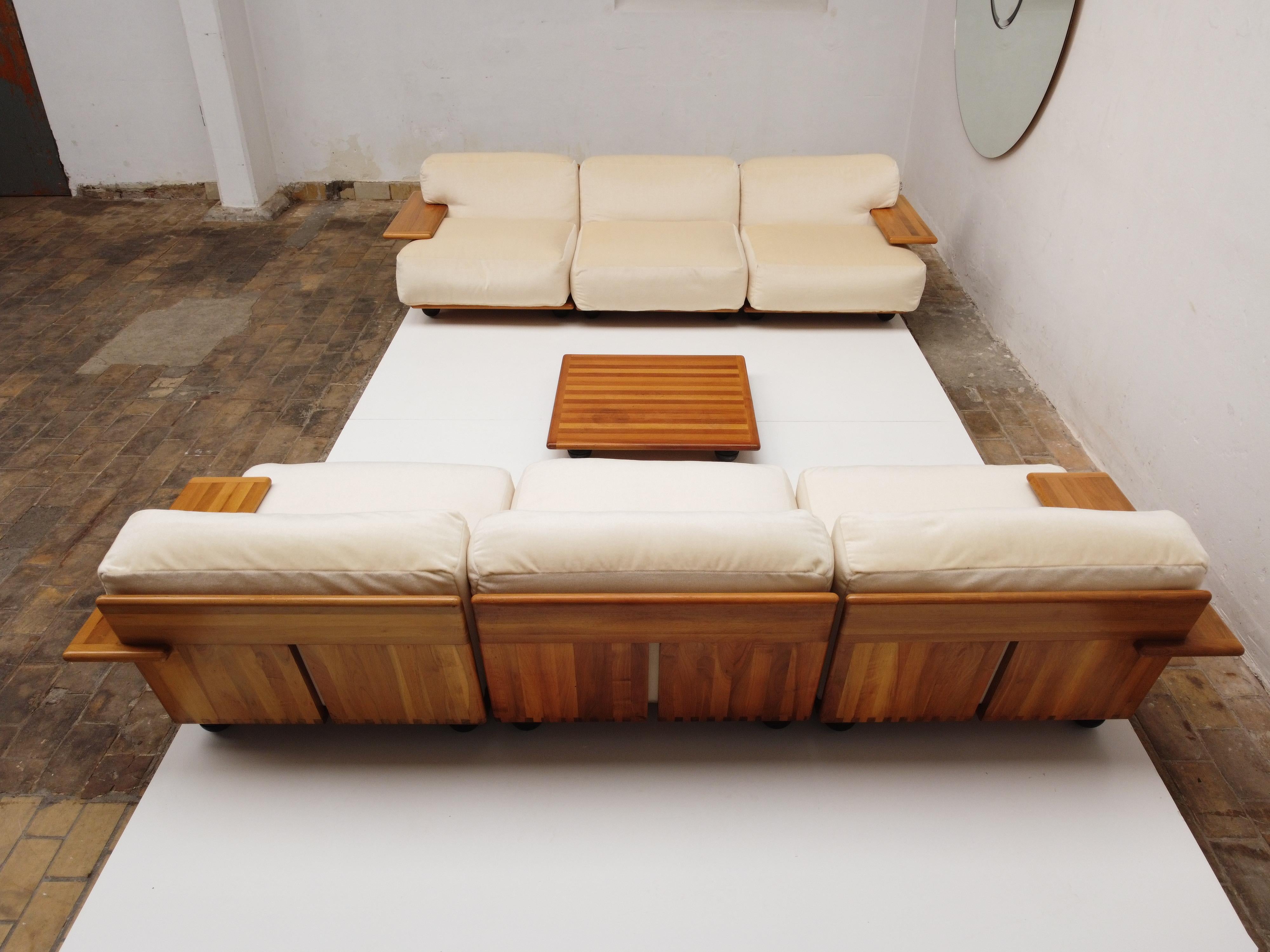 Pair of Mario Bellini 3 Seat 'Pianura' Sofas & Table, Mohair & Solid Walnut 1971 1