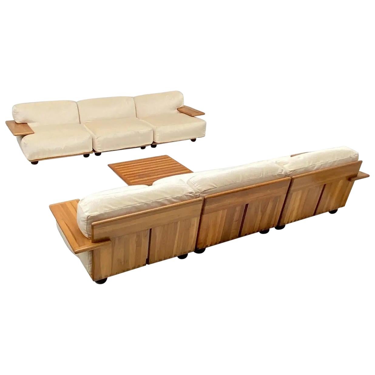 Pair of Mario Bellini 3 Seat 'Pianura' Sofas & Table, Mohair & Solid Walnut 1971