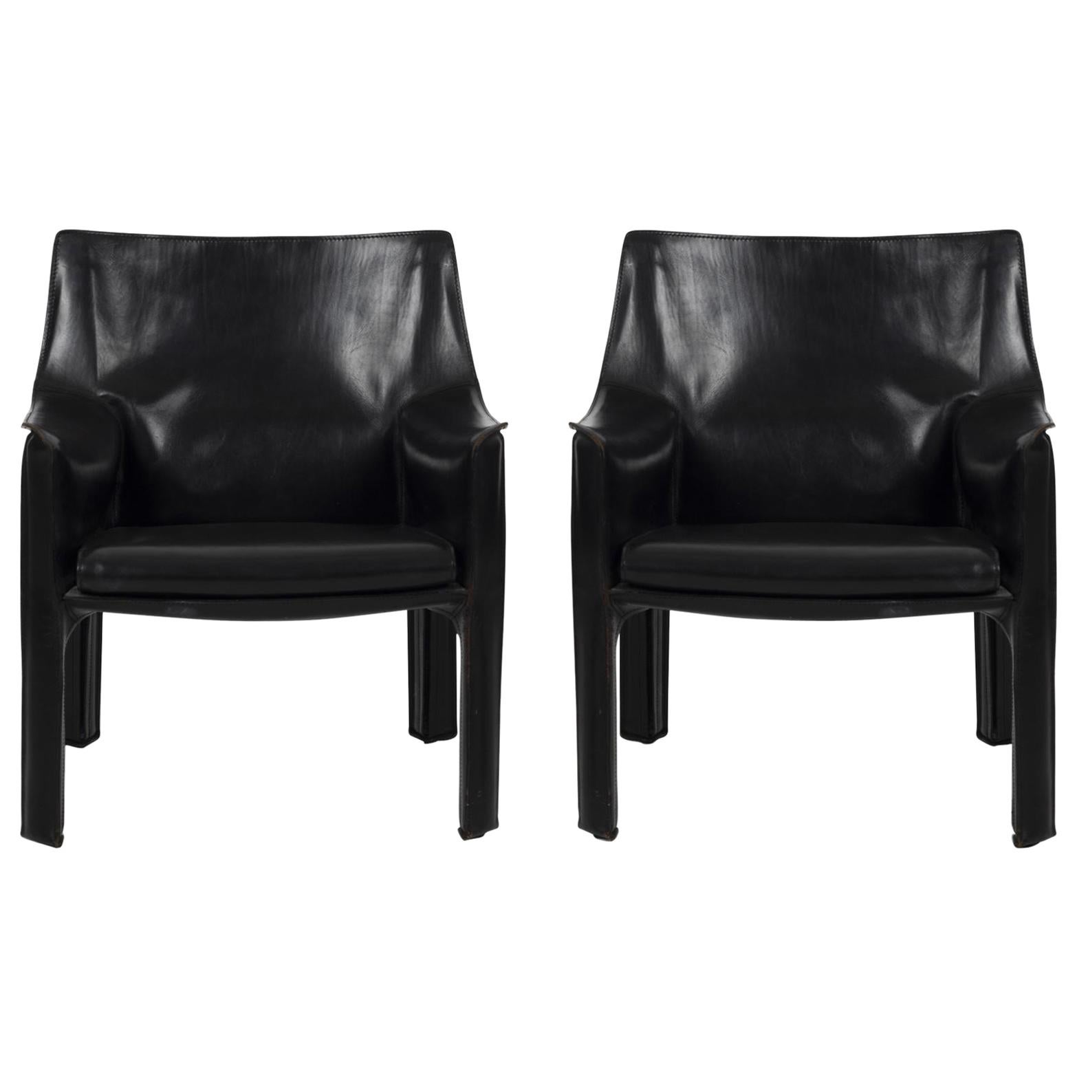 Pair of Mario Bellini "Cab" Lounge Chairs for Cassina in Nero Leather