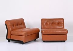 Pair of Mario Bellini Midcentury "Amanta" Cognac Brown Leather Armchairs, 1960s