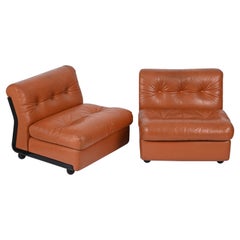 Pair of Mario Bellini Midcentury "Amanta" Cognac Brown Leather Armchairs, 1960s