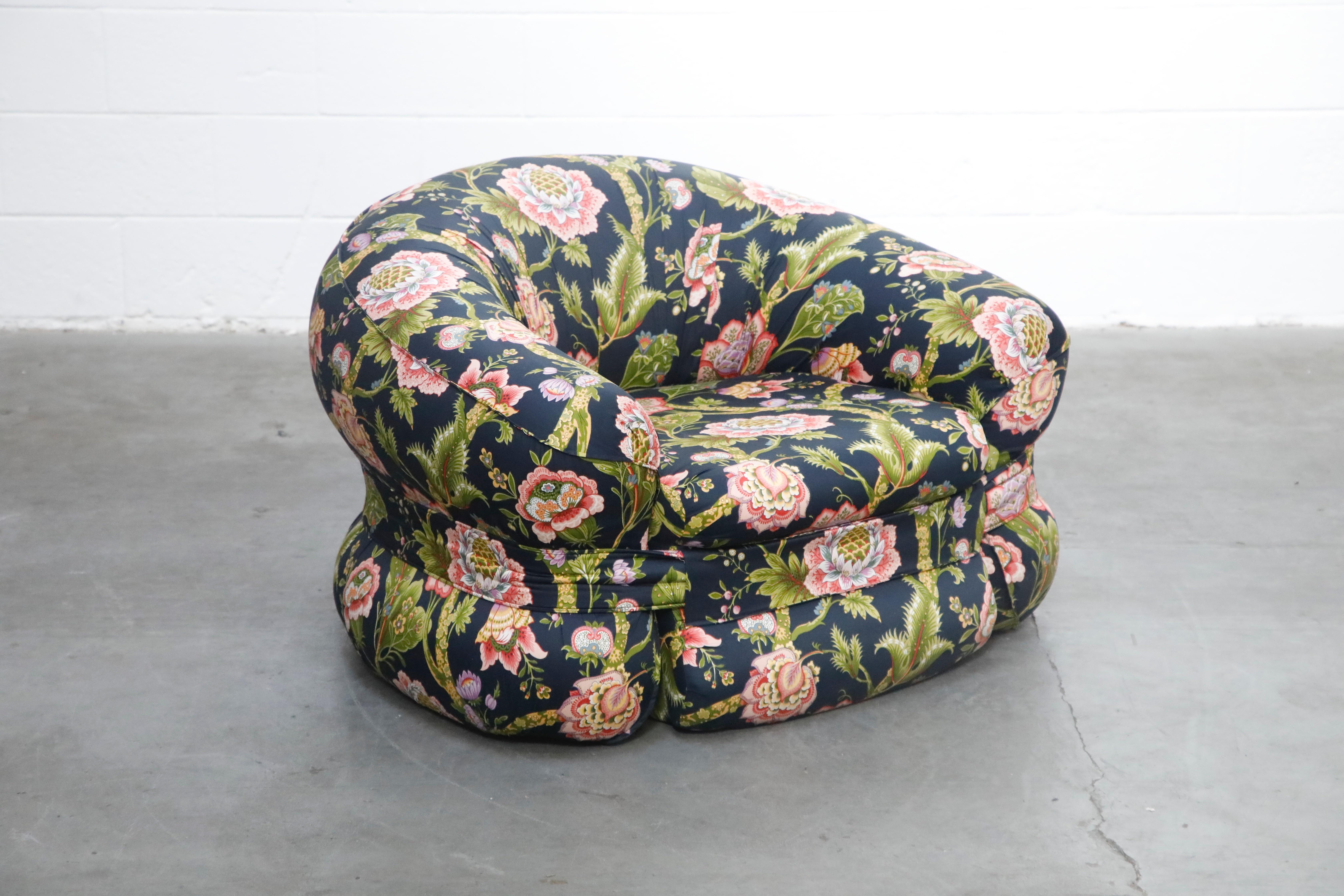 Pair of Mario Bellini Styled Floral Chintz Fabric Lounge Chairs In Excellent Condition In Los Angeles, CA