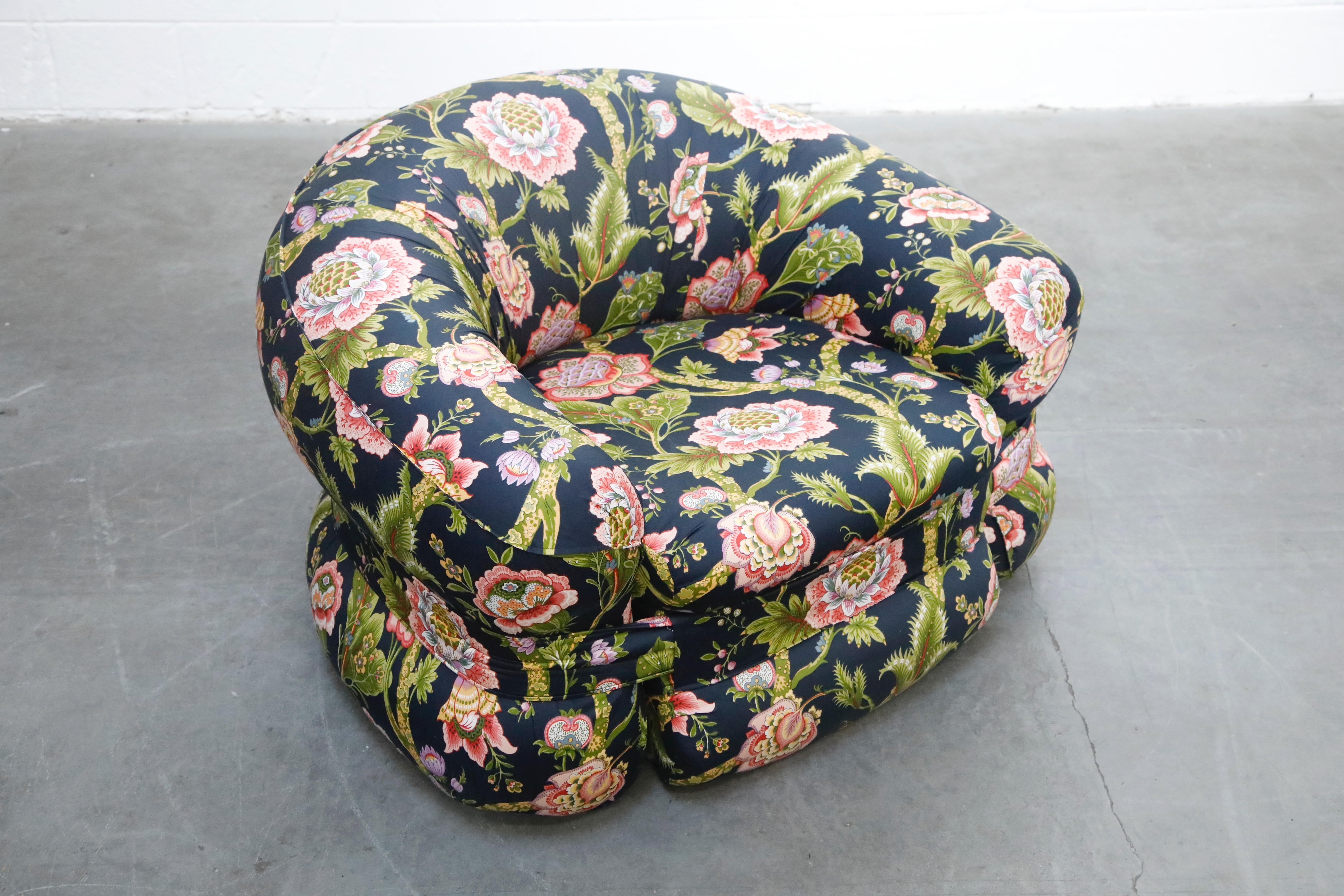 20th Century Pair of Mario Bellini Styled Floral Chintz Fabric Lounge Chairs