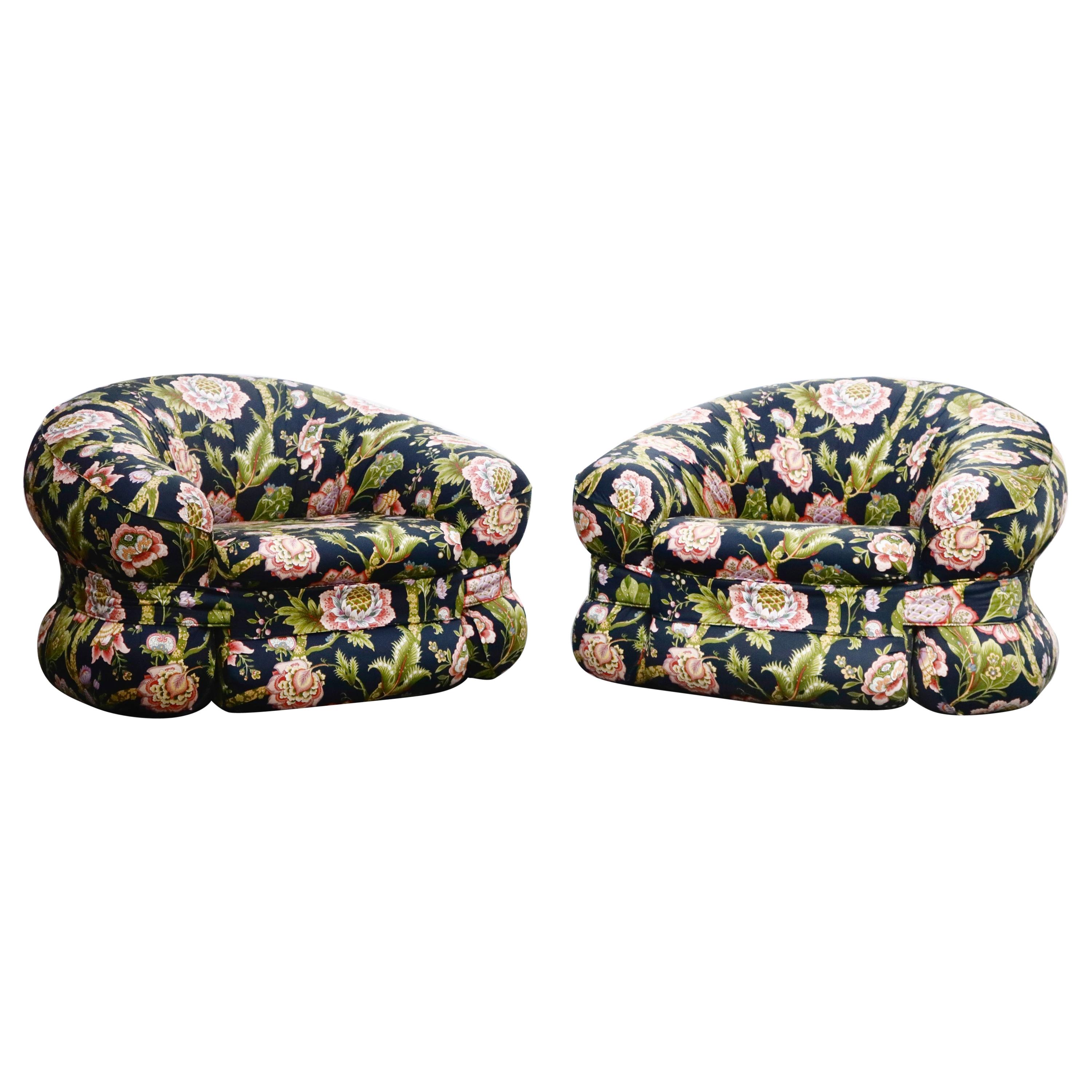 Pair of Mario Bellini Styled Floral Chintz Fabric Lounge Chairs