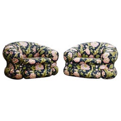 Vintage Pair of Mario Bellini Styled Floral Chintz Fabric Lounge Chairs