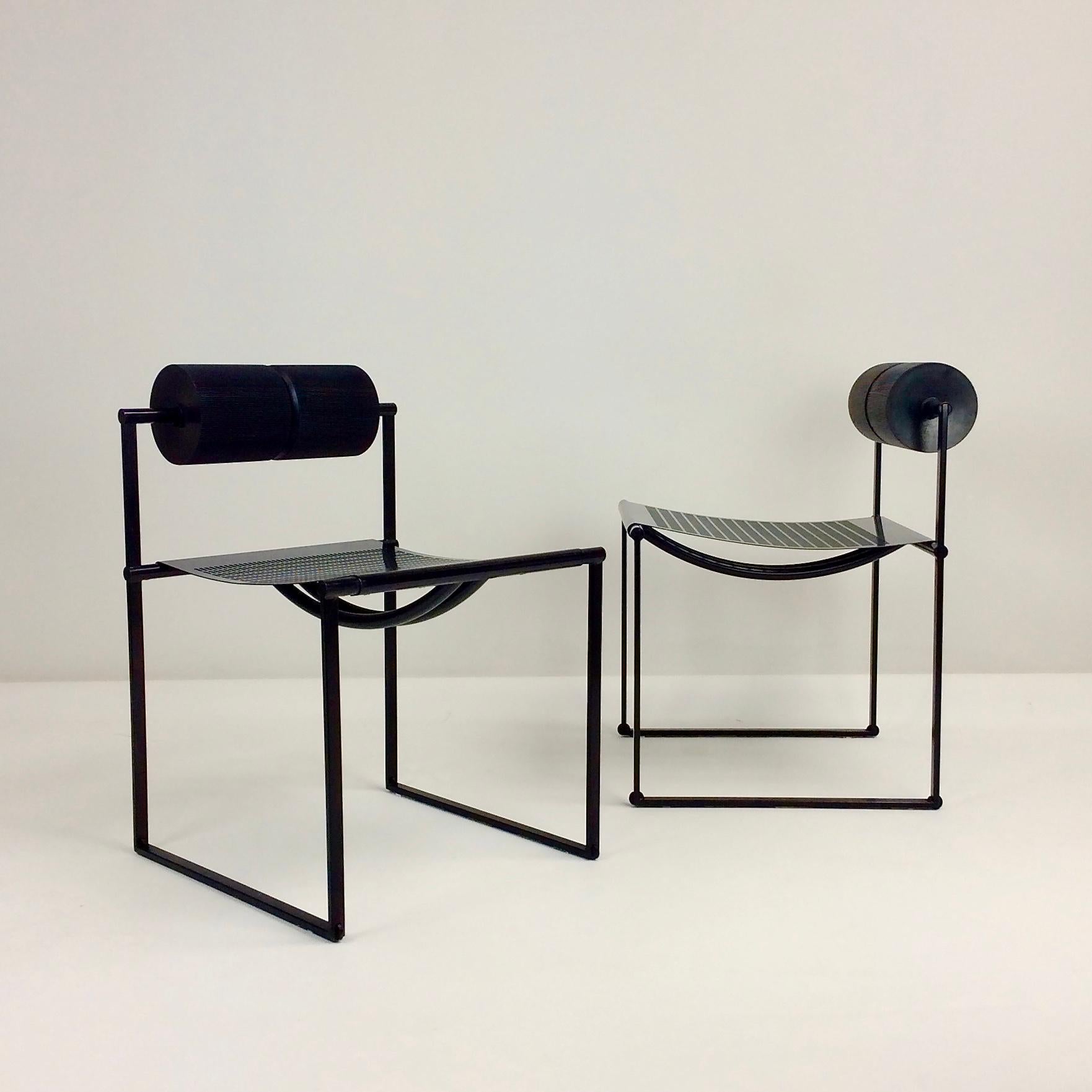 Nice pair of Mario Botta Prima chairs by Alias, 1982, Italy.
Black enameled steel, polyurethane foam cylinder.
Dimensions: 71 cm H, 51 cm D, 48 cm W, seat height: 43 cm.
Good original condition. Price is for the pair only.
All purchases are covered