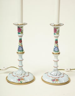 Pair of Mario Buatta Battersea Enamel Style Candlestick Lamps
