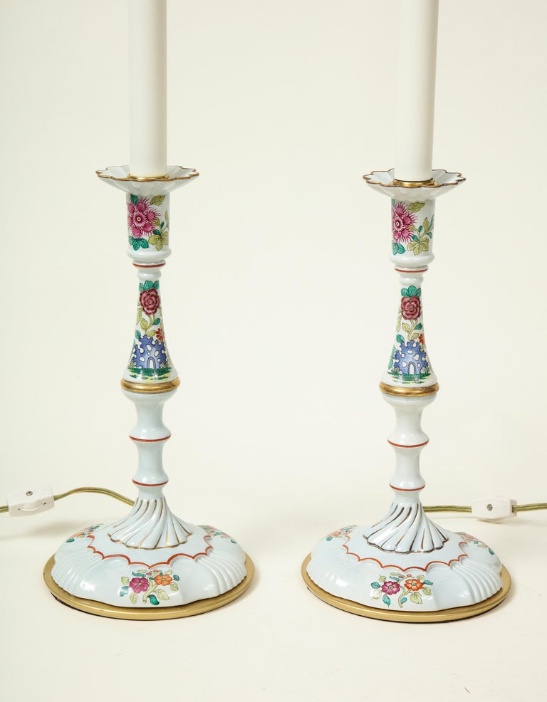 Pair of Mario Buatta Battersea Enamel Style Candlestick Lamps For Sale ...