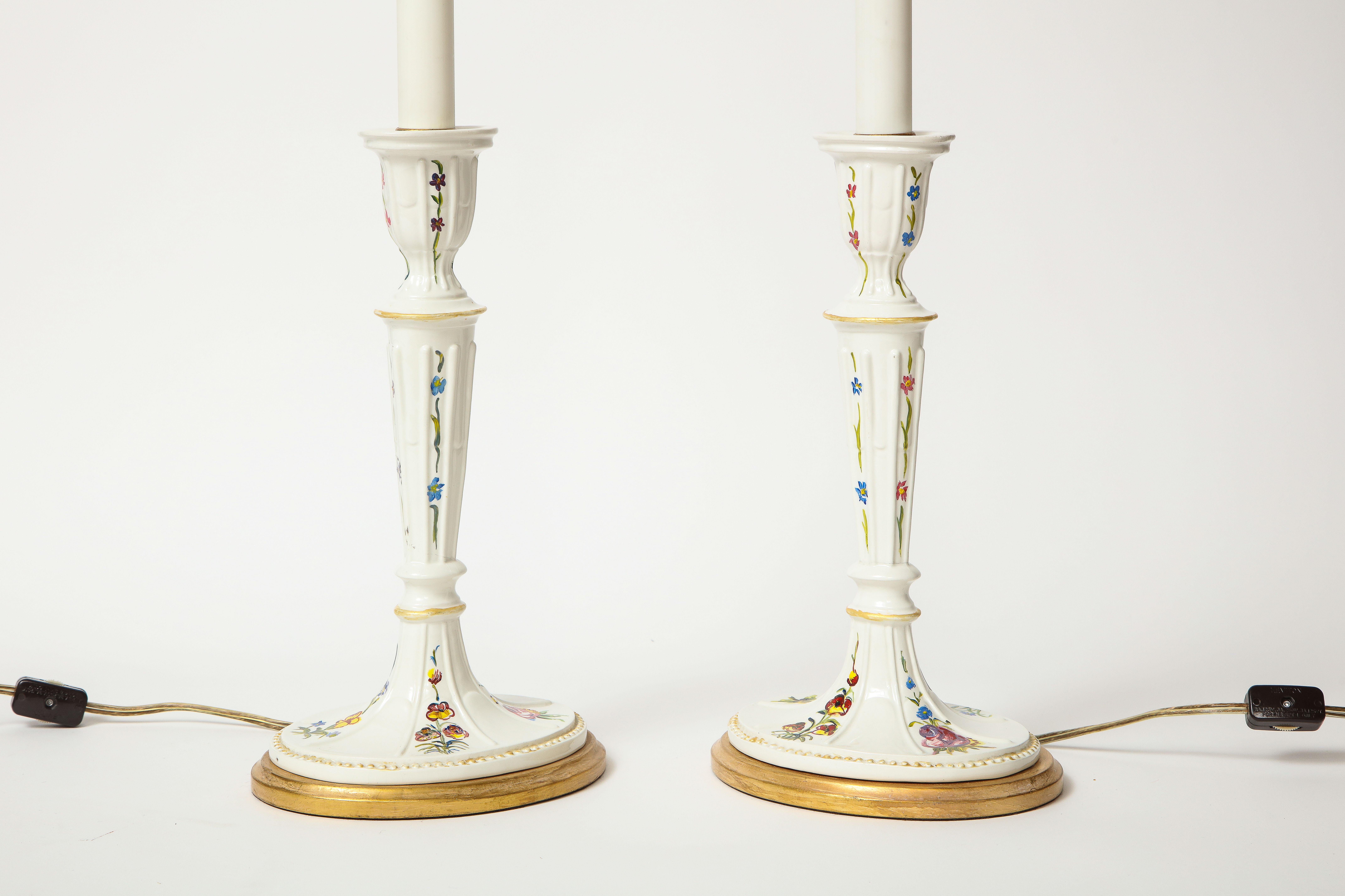 George III Pair of Mario Buatta Battersea Enamel Style Candlestick Lamps