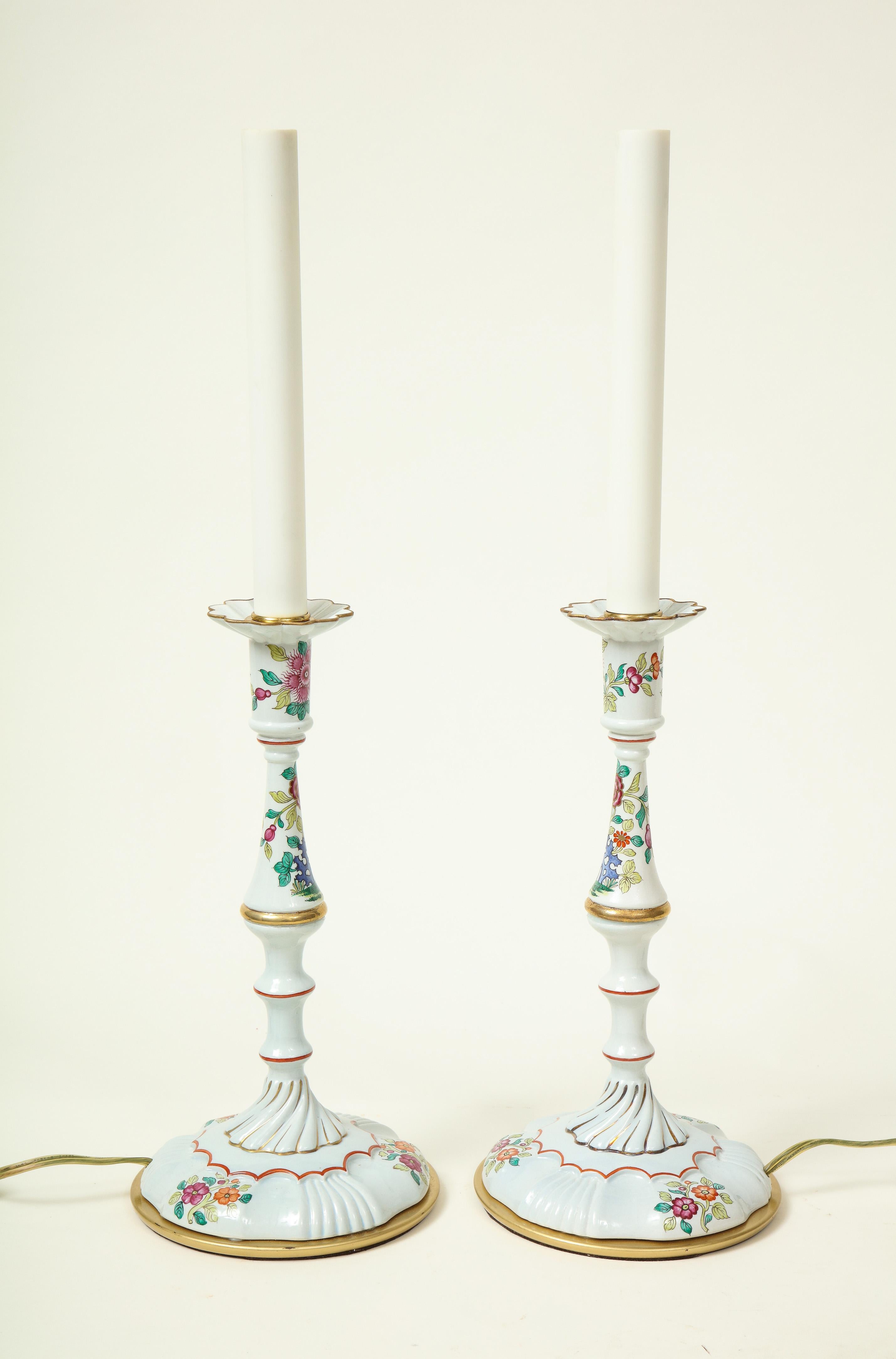 20th Century Pair of Mario Buatta Battersea Enamel Style Candlestick Lamps