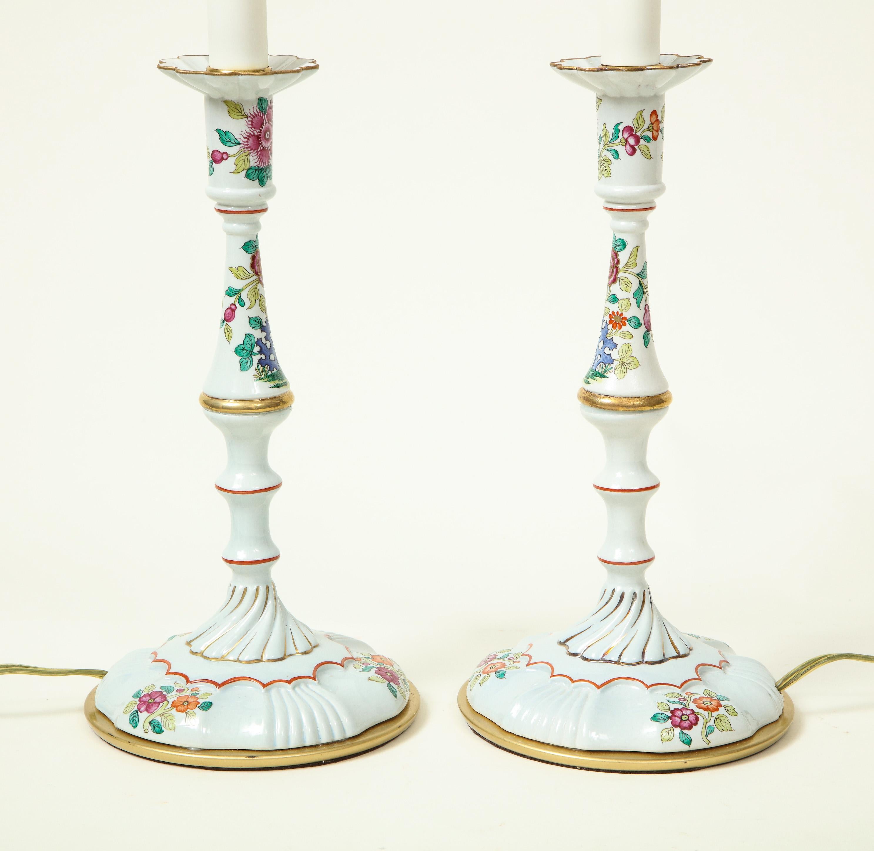 Pair of Mario Buatta Battersea Enamel Style Candlestick Lamps 1