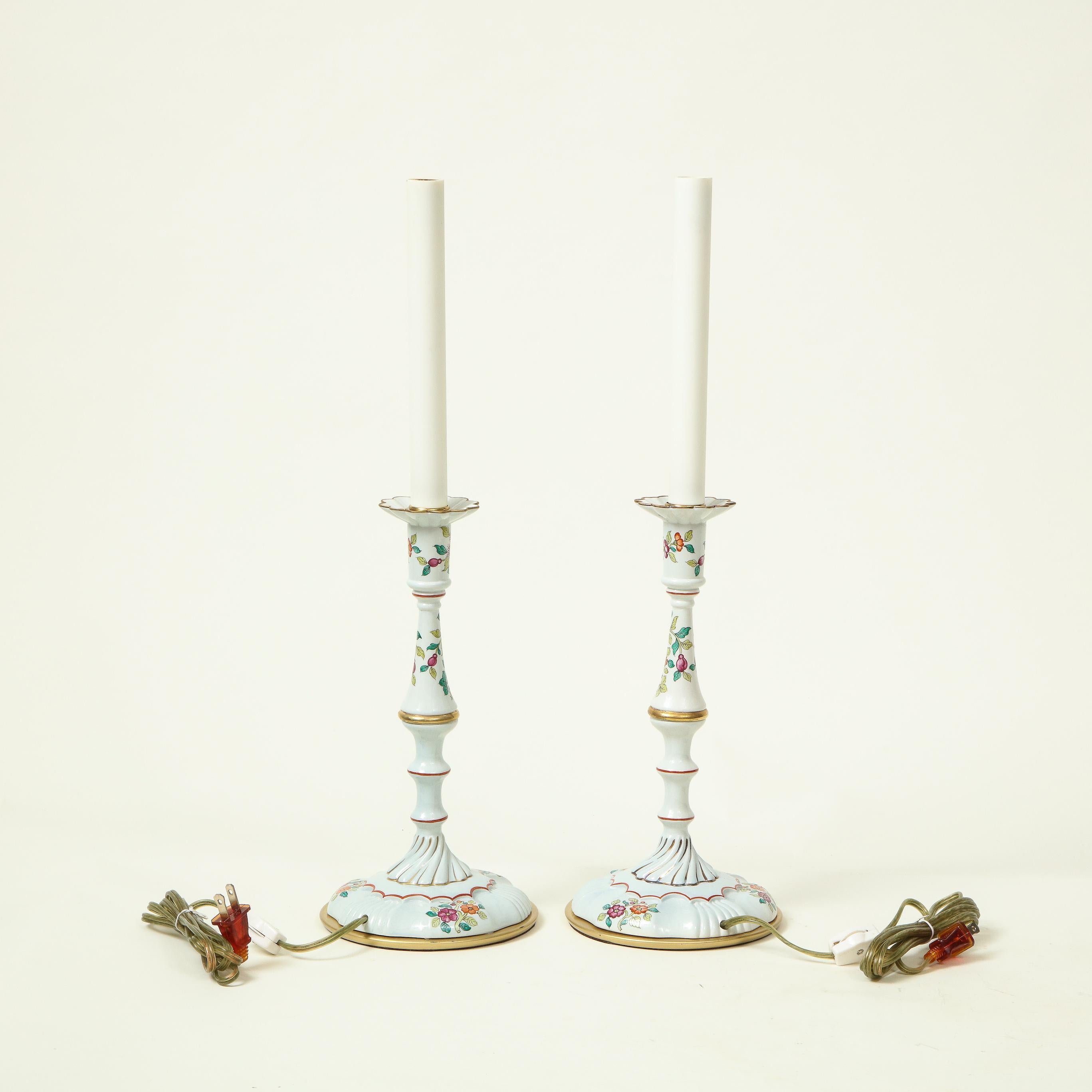 Pair of Mario Buatta Battersea Enamel Style Candlestick Lamps 3