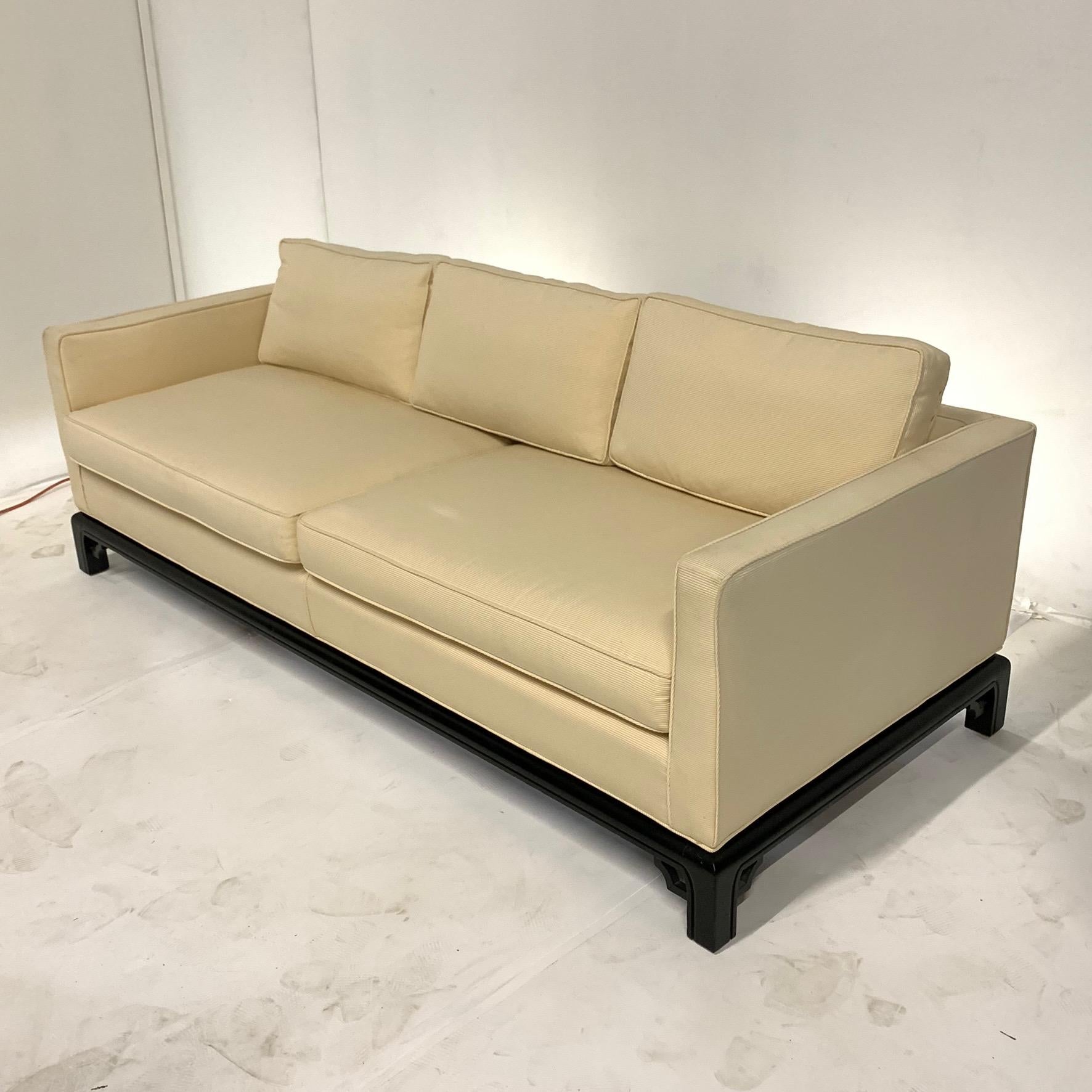 Upholstery Pair of Mario Buatta for Widdicomb Chinoiserie textured Silk 3 Cushion Sofas