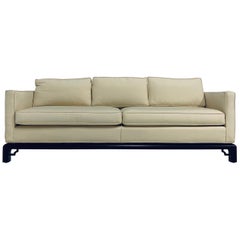 Pair of Mario Buatta for Widdicomb Chinoiserie textured Silk 3 Cushion Sofas