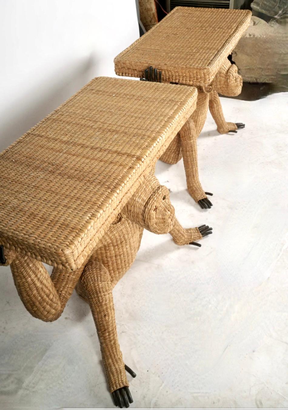 Pair of Mario Lopez Torres Brass and Rattan Monkey Console Tables For Sale 3
