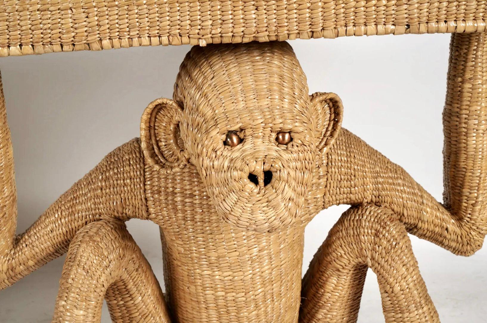 Mid-Century Modern Pair Rattan and Brass Monkey Console Tables by Mario Lopez Torres For Sale