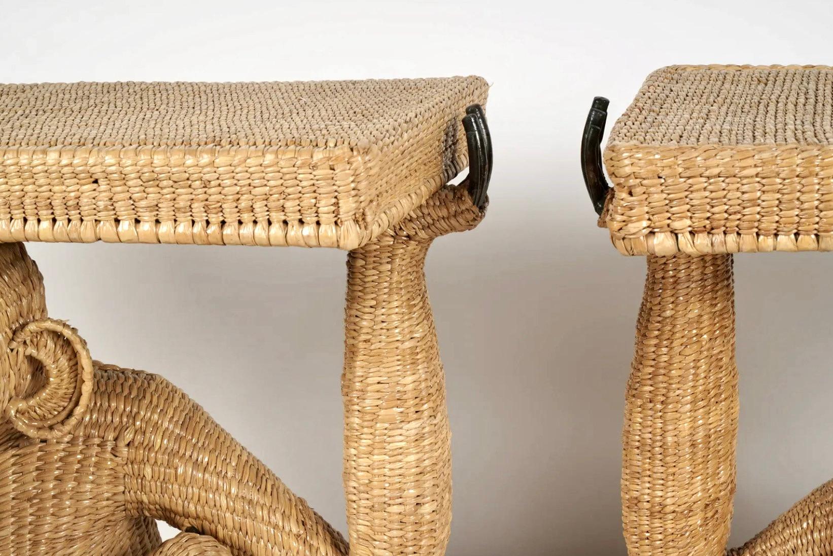 Mexican Pair of Mario Lopez Torres Brass and Rattan Monkey Console Tables For Sale