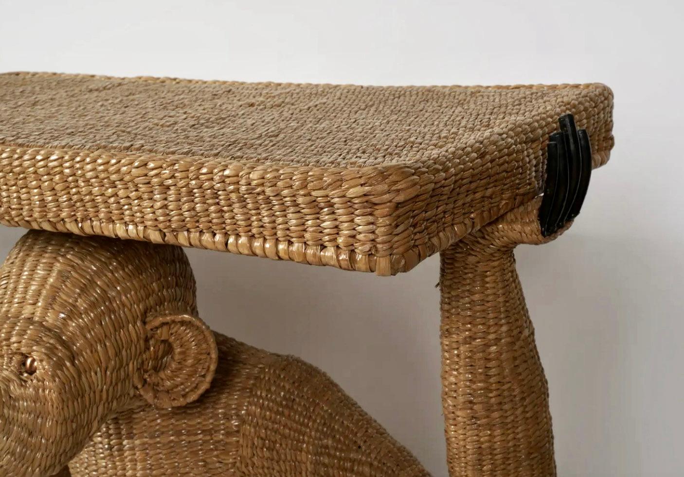 20th Century Pair Rattan and Brass Monkey Console Tables by Mario Lopez Torres For Sale