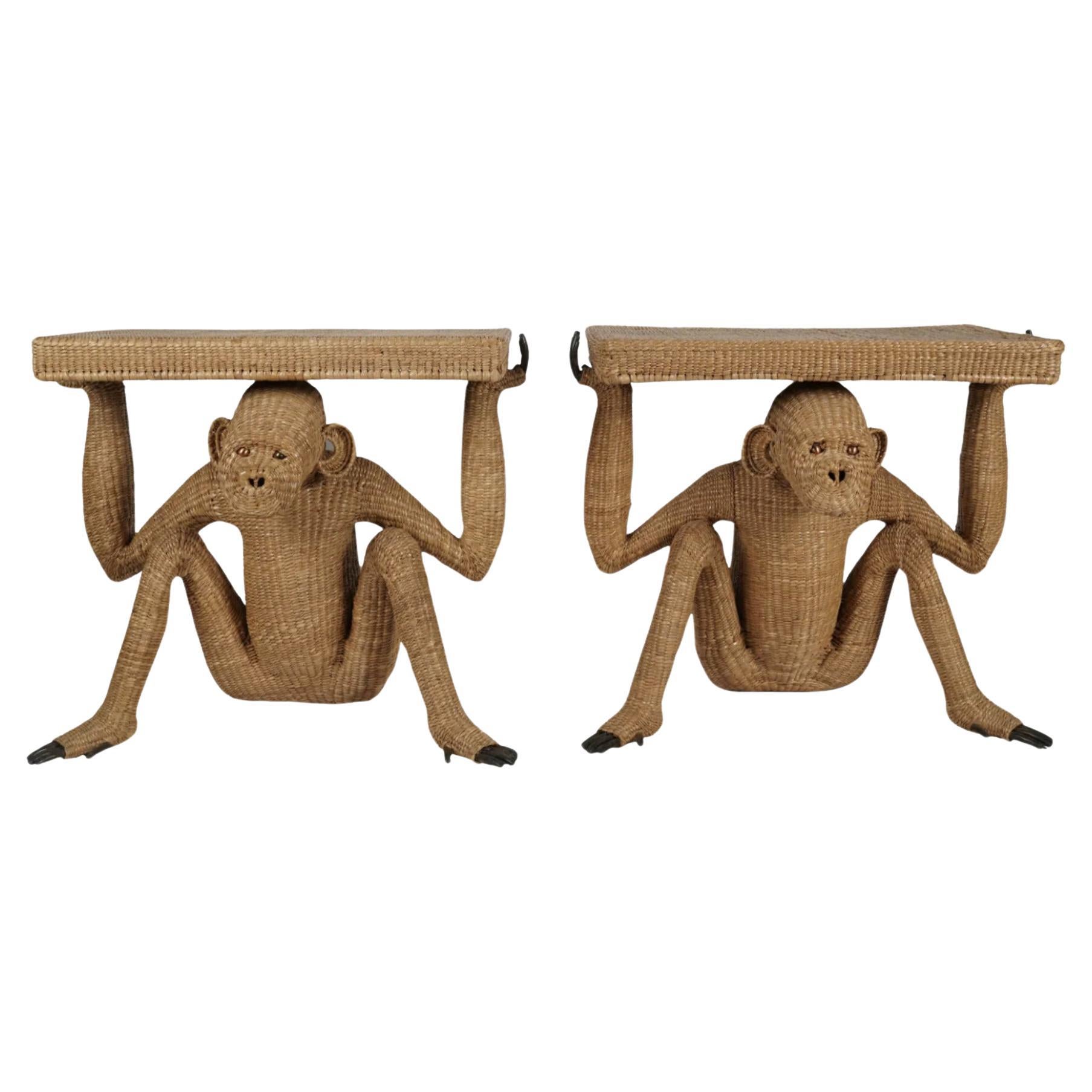 Pair of Mario Lopez Torres Brass and Rattan Monkey Console Tables