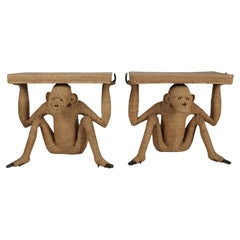 Used Pair of Mario Lopez Torres Brass and Rattan Monkey Console Tables